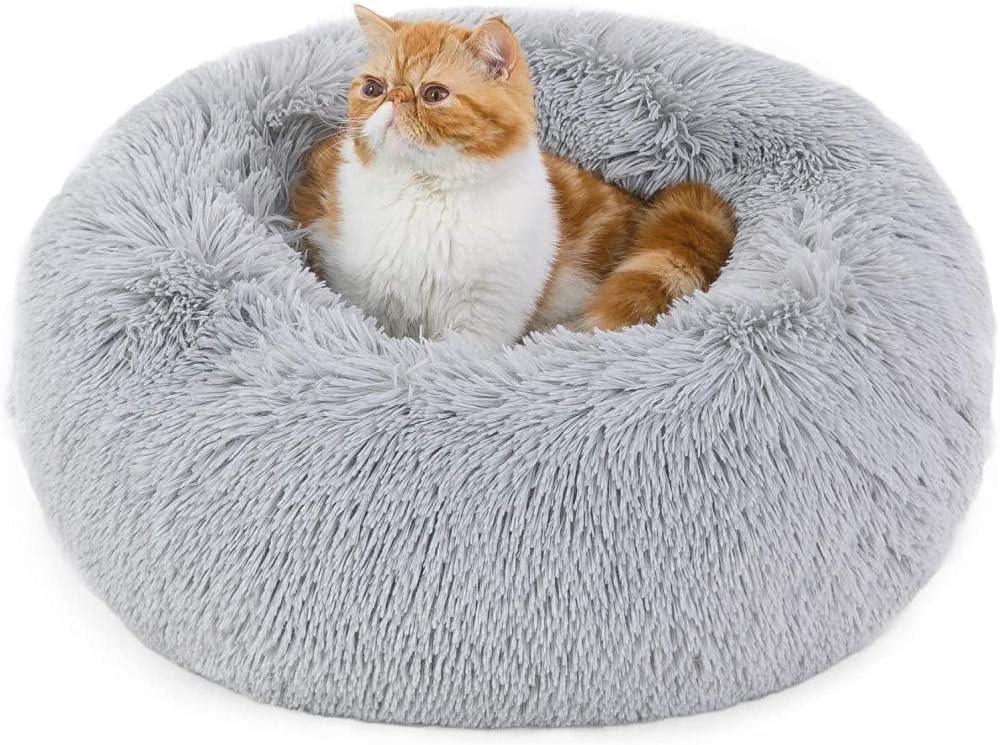 Bedsure Dog Bed Donut Bed - Washable Cat Beds for Indoor Cats Large, Fluffy Calming Kitten Bed for Small Dog and Puppy, Grey, 50x50x16cm - Comfort Style
