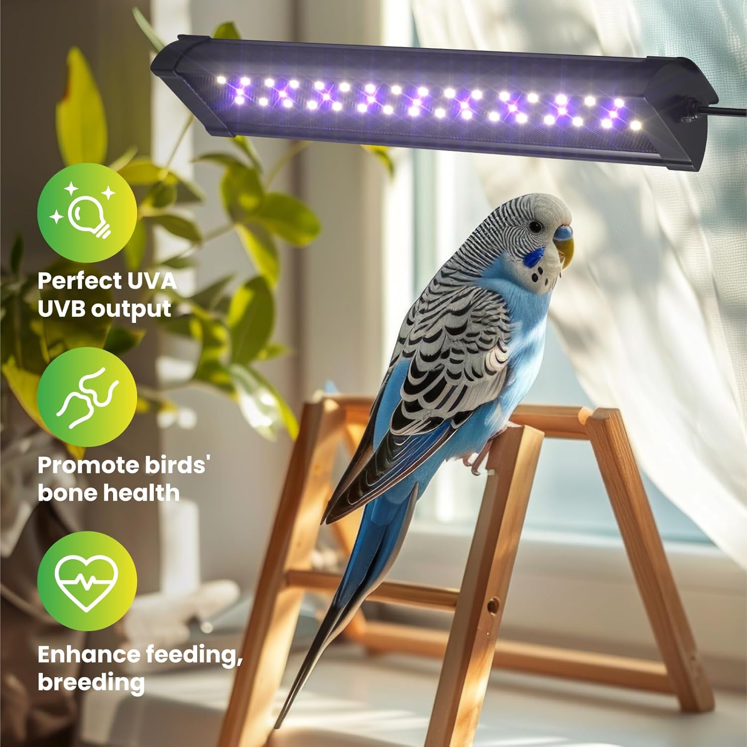 UVB 2.4 Bird Lamp,Full Spectrum Light for Birds,Dimmable LED Bird Light Fixture with Chew-Proof Cord, UK Plug and Controller, Bird Cage Accessories for Captive Birds Parrots