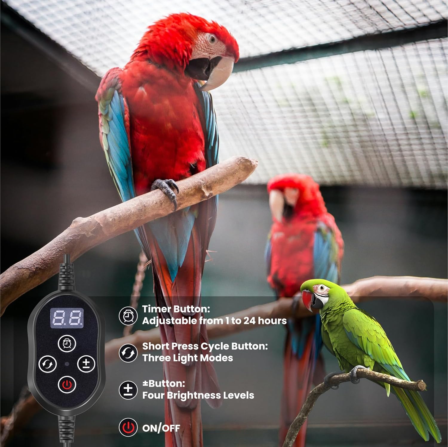 UVB 2.4 Bird Lamp,Full Spectrum Light for Birds,Dimmable LED Bird Light Fixture with Chew-Proof Cord, UK Plug and Controller, Bird Cage Accessories for Captive Birds Parrots