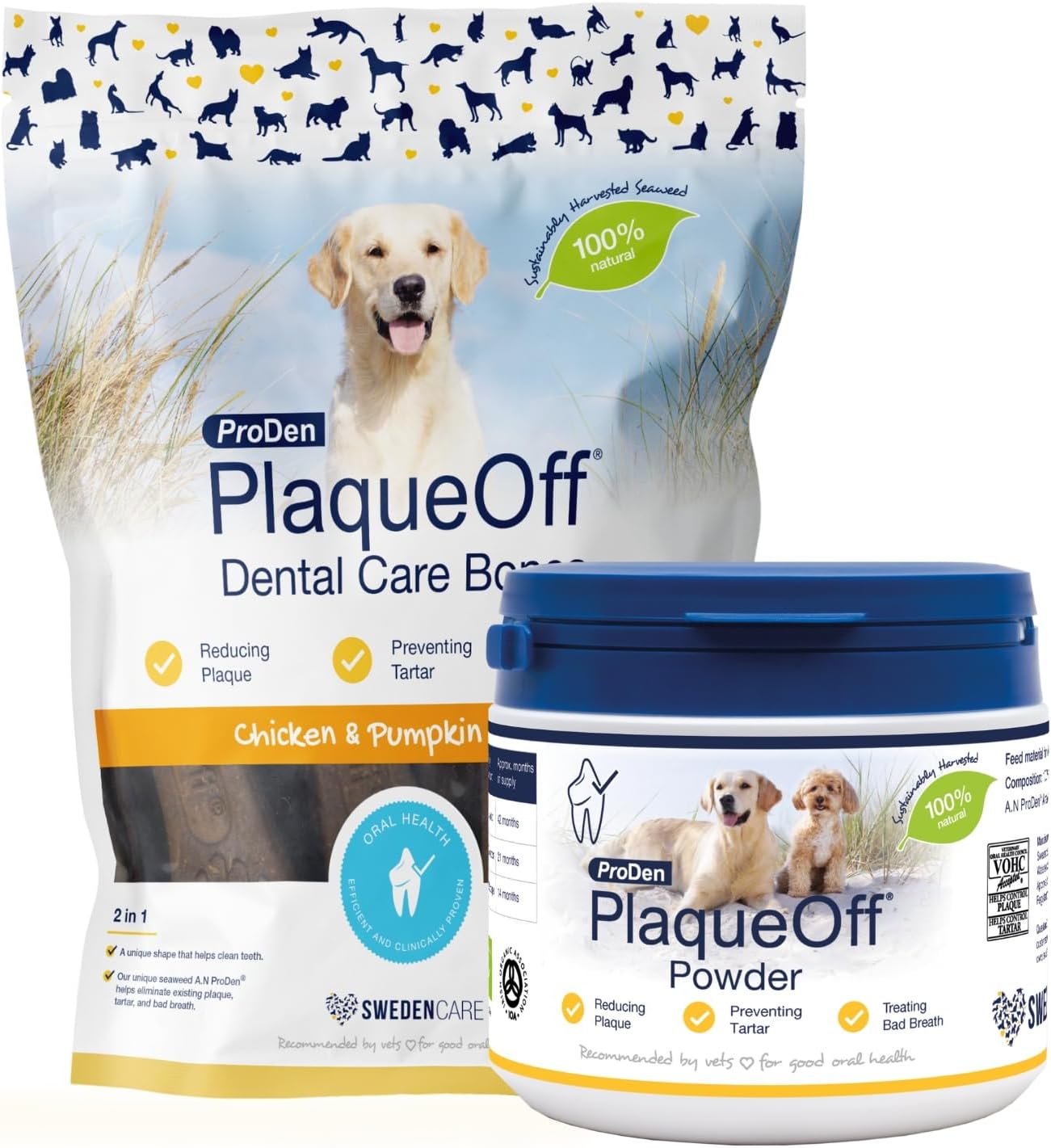 ProDen PlaqueOff 100% Natural Tartar & Bad Breath Remover for Dogs 420g Dental Powder with 20 Mini Bones - Bundle for Healthy Teeth & Fresh Breath - Comfort Style