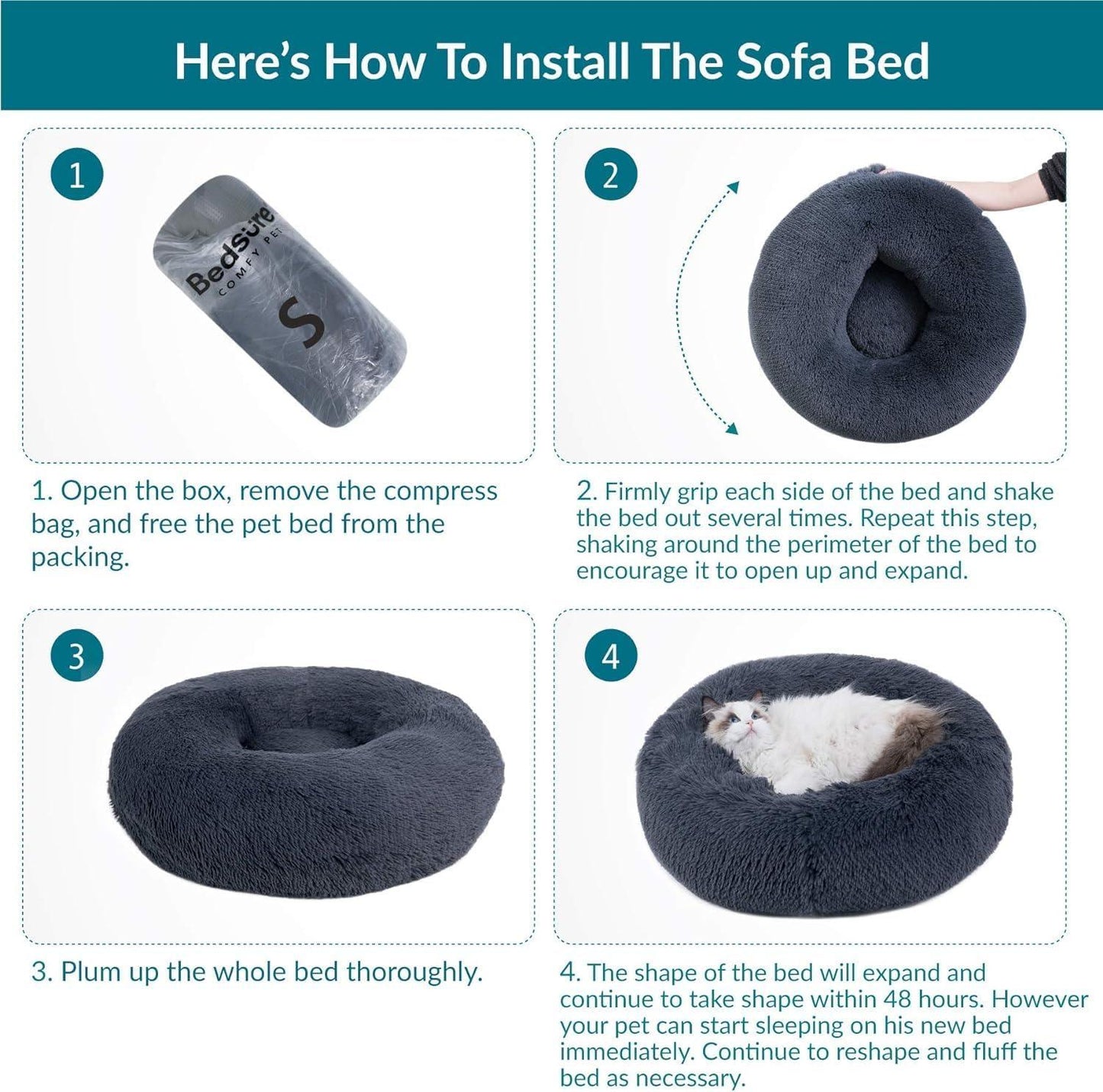 Bedsure Dog Bed Donut Bed - Washable Cat Beds for Indoor Cats Large, Fluffy Calming Kitten Bed for Small Dog and Puppy, Grey, 50x50x16cm - Comfort Style