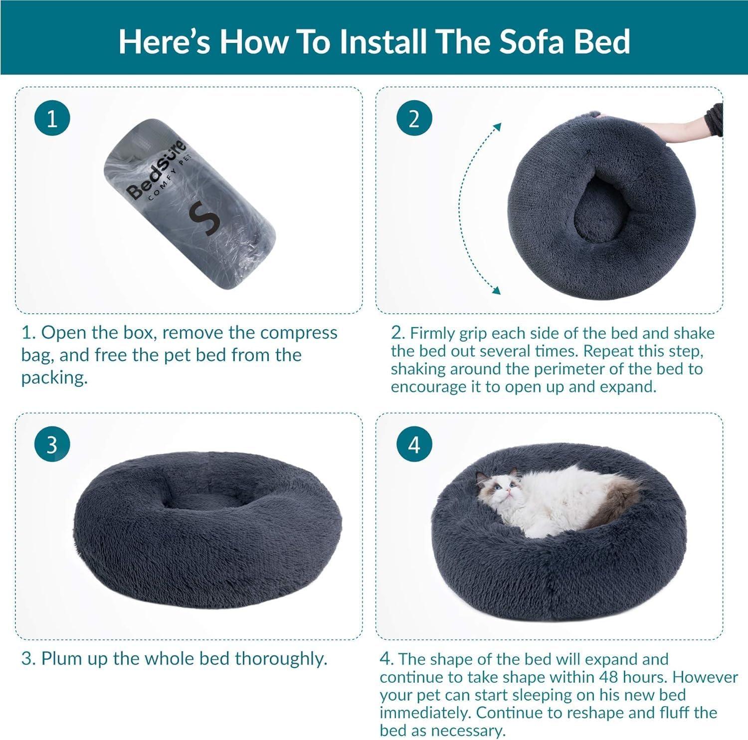 Bedsure Dog Bed Donut Bed - Washable Cat Beds for Indoor Cats Large, Fluffy Calming Kitten Bed for Small Dog and Puppy, Grey, 50x50x16cm - Comfort Style