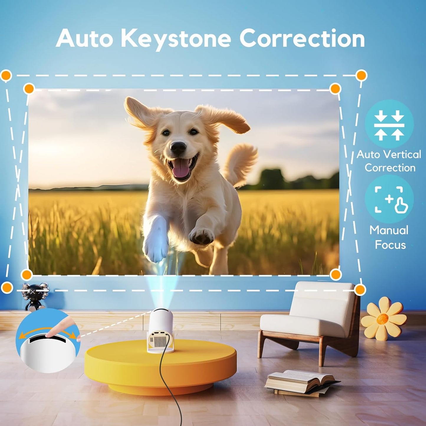[Built-in Apps & Auto Keystone] AKIYO O2 Projector 2026 Upgraded 18000 Lumen with WiFi6 and Bluetooth 5.4, Mini Projector 1080P Full HD Supported, 180° Rotation Compatible with HDMI/USB/Laptop/PS5