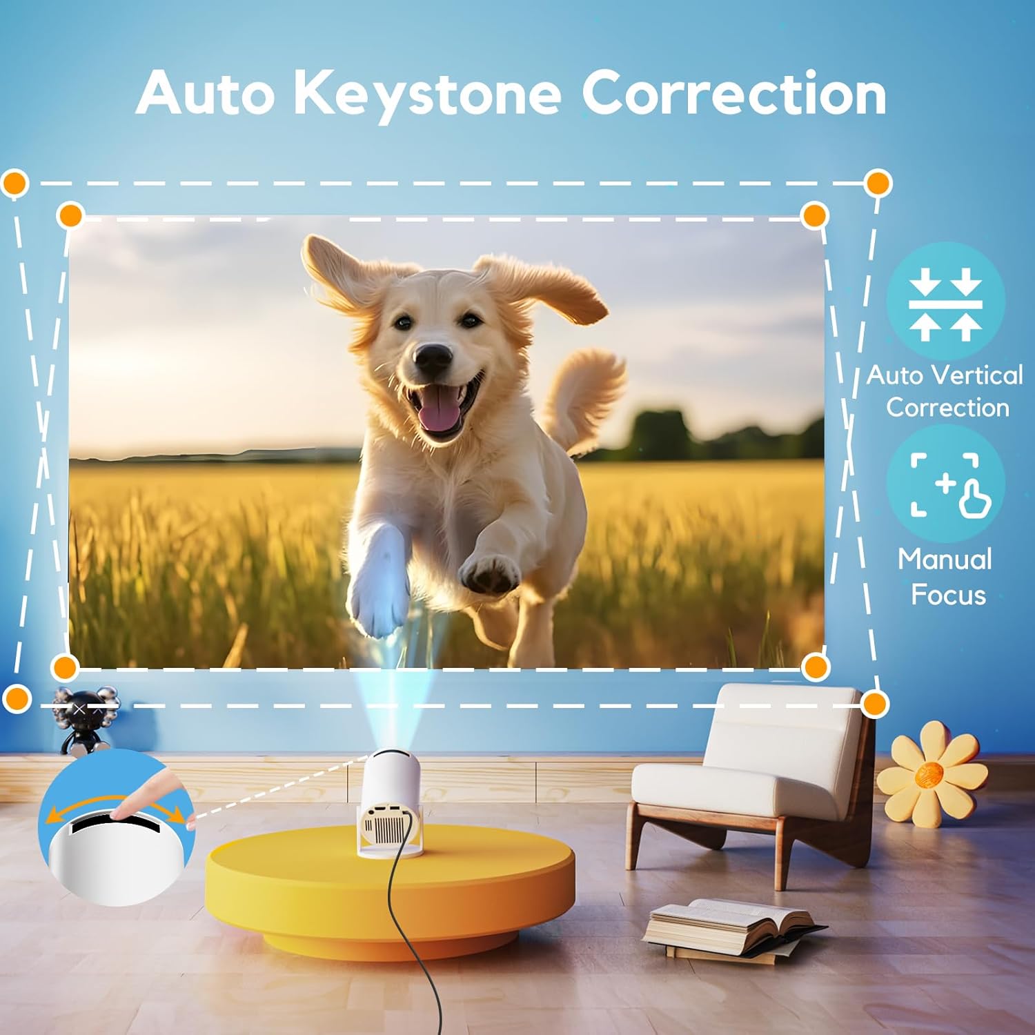 [Built-in Apps & Auto Keystone] AKIYO O2 Projector 2026 Upgraded 18000 Lumen with WiFi6 and Bluetooth 5.4, Mini Projector 1080P Full HD Supported, 180° Rotation Compatible with HDMI/USB/Laptop/PS5