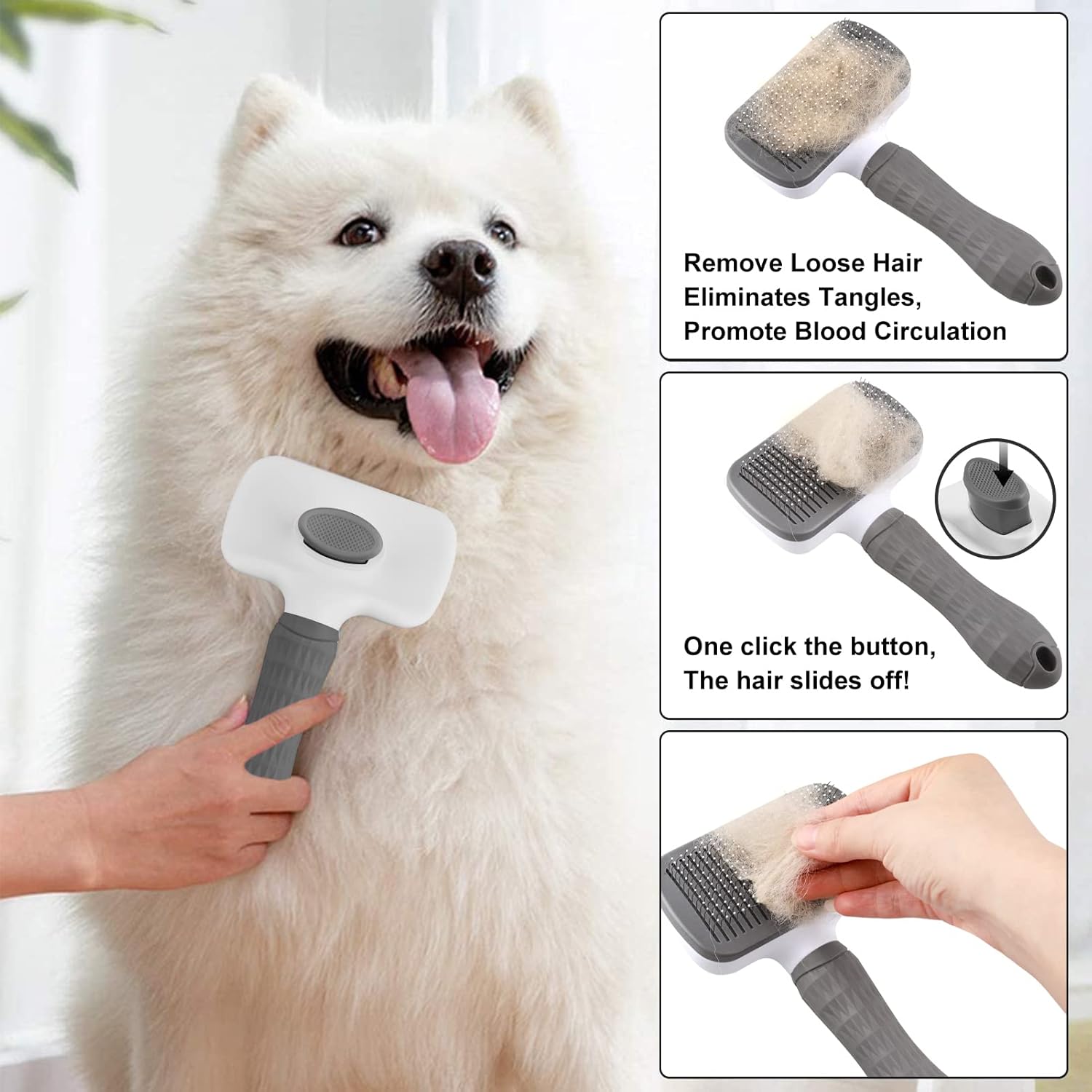 Dog Brush Cat Brush Grooming Comb,Self Cleaning Cat Dog Slicker Brushes with Smooth handle,Pet Grooming Tool with Cleaning Button for Cat Dog Shedding Brush Cat Dog Massage Clean Tangled Brush(Grey) - Comfort Style