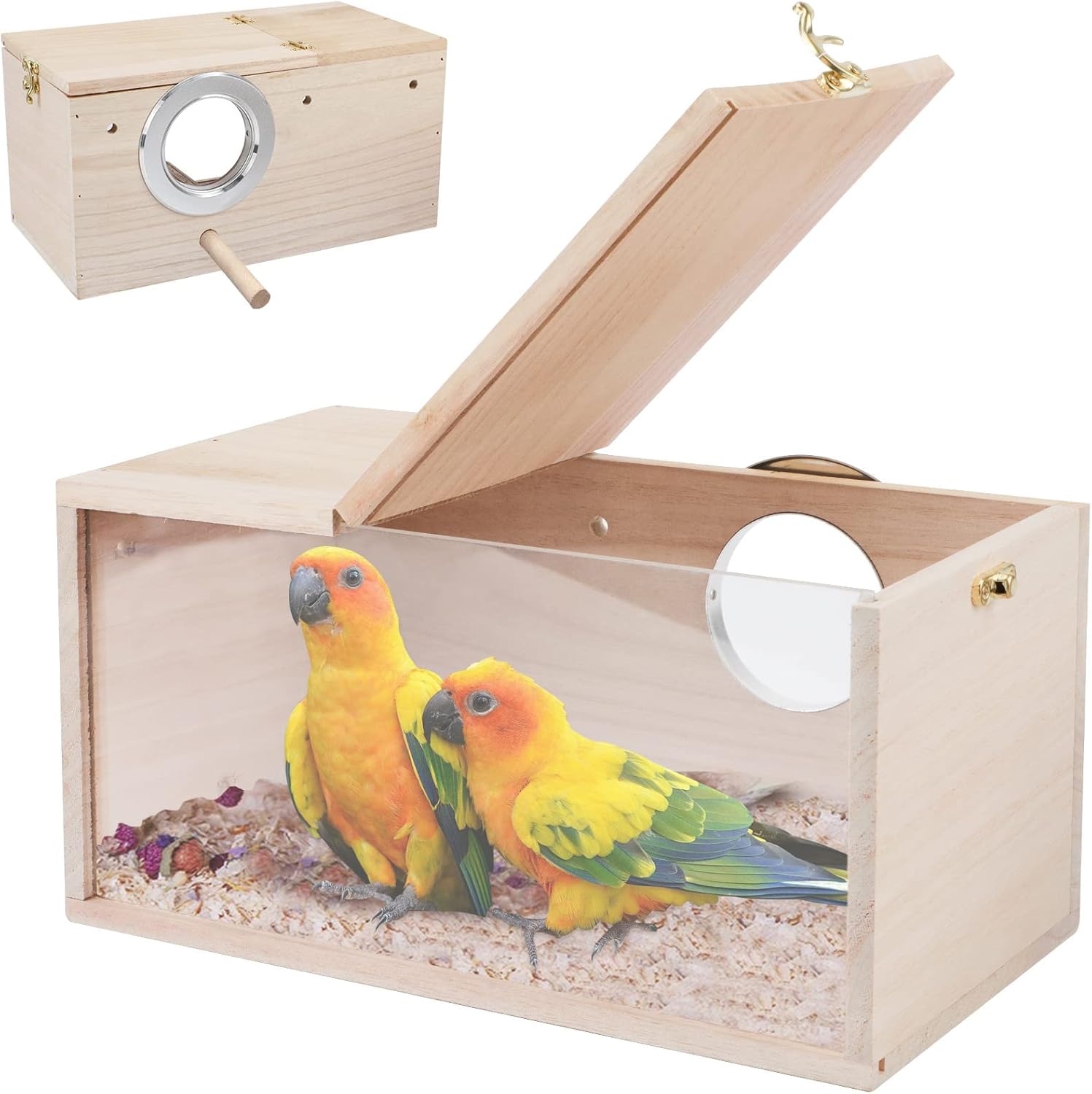 RANYPET Budgie Nesting Box Transparent Design, Bird Nest Breeding Box with Perch Wood Bird Cage House for Lovebirds Budgies Finch - Comfort Style