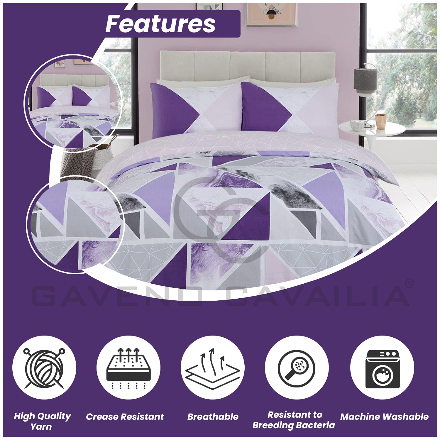 GC GAVENO CAVAILIA Metalic Marble Duvet Cover Sets, Reversible Triangle Bedding Double Bed Set, Washable Quilt Covers - Comfort Style
