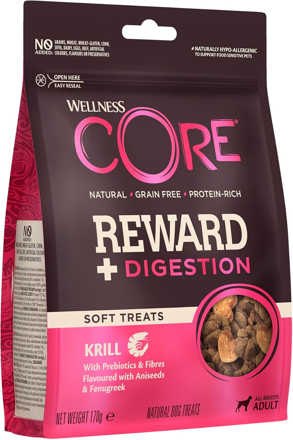 Wellness CORE Reward+ Digestion, 170g, Krill, Soft Dog Treats for All Dog Breeds, All-Natural, Grain-Free, High Meat Content, Protein-Rich, Supports Healthy Digestion - Comfort Style