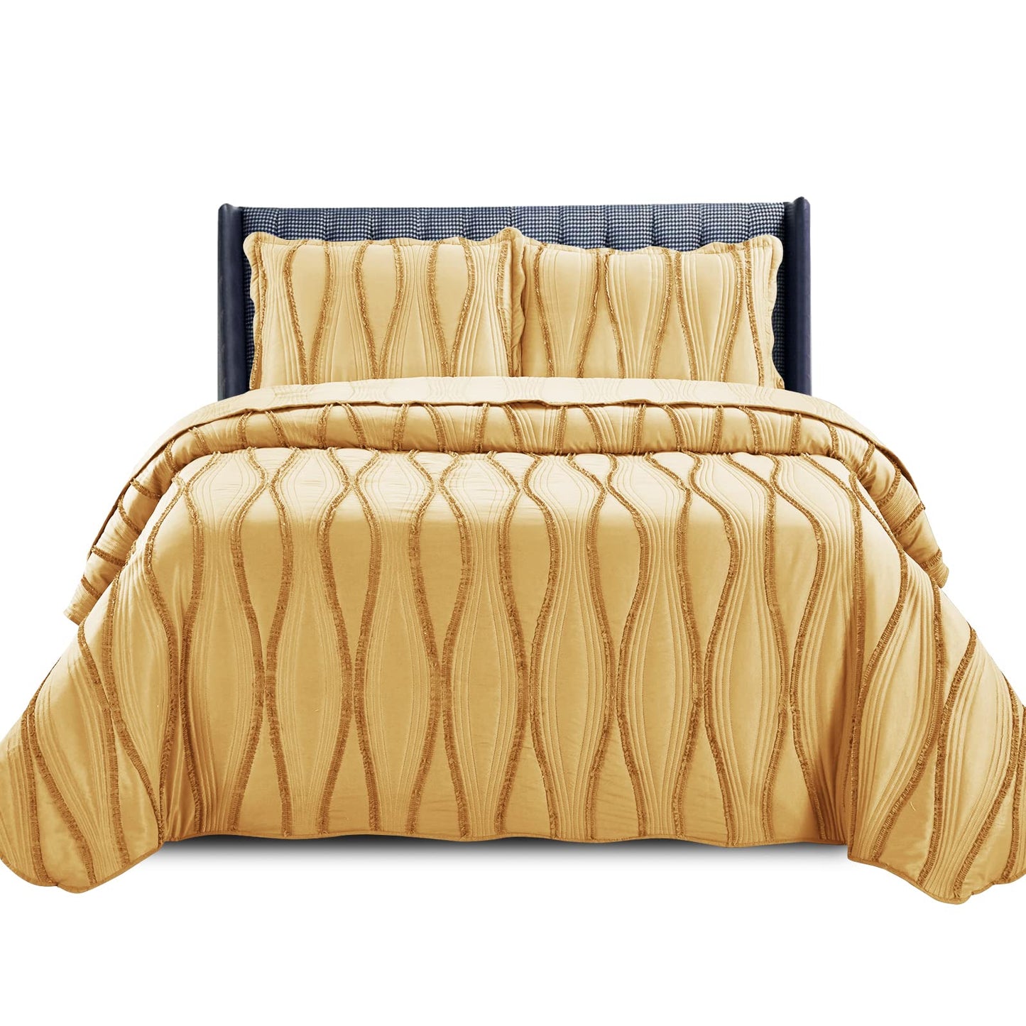 PHP Beautiful Quilted Bedspread Throw Embossed Frilled Pattern Quilt Coverlets Bedspreads Throw Bedding for All Season Comforter Set - Mustard - Single