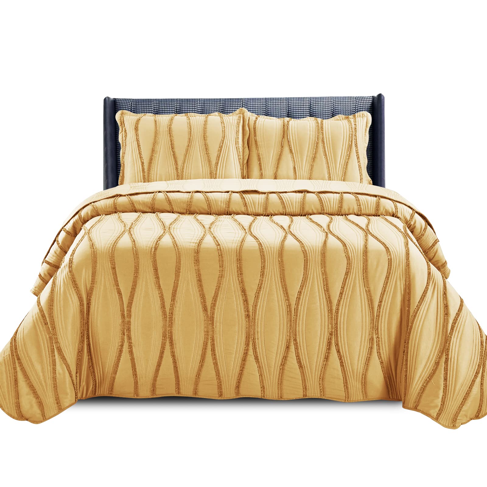 PHP Beautiful Quilted Bedspread Throw Embossed Frilled Pattern Quilt Coverlets Bedspreads Throw Bedding for All Season Comforter Set - Mustard - Single