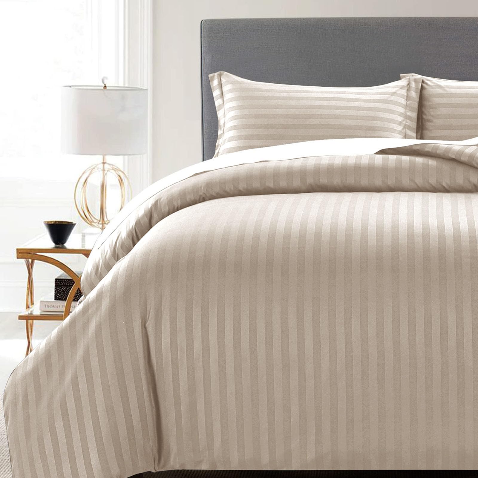 MOONLIGHT20015 Duvet Set Reversible Stripes Satin Double Bedding Set with 2 Pillowcases Soft Hypoallergenic Duvet Cover - Comfort Style