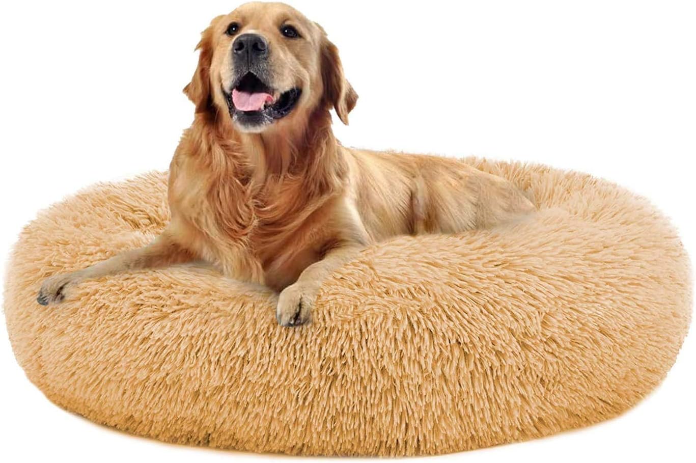 MFOX Calming Dog Bed Cat Bed Donut, Faux Fur Donut Cuddler Washable Self-Warming Pet Bed, Large Round Plush Dog Bed for Small/Medium/Large Dogs(60cm/80cm/90cm/110cm) - Comfort Style