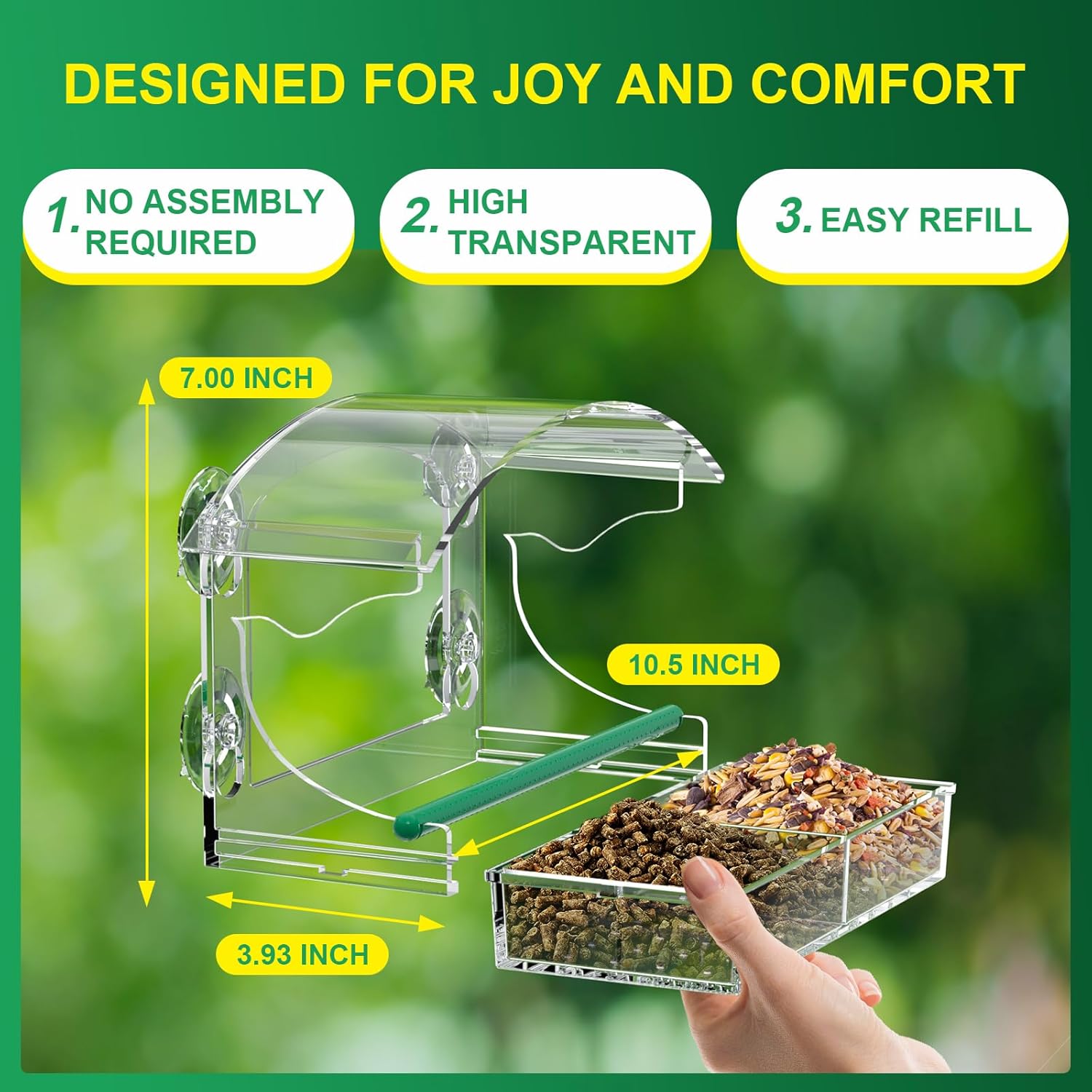 Window Bird Feeders with 4 Strong Suction Cups and Detachable Seed Tray for Small Birds only, BPYOT Acrylic Clear Bird Feeders are Unique Gardening Gifts for Elderly Grandpa/Grandma/Grandparents - Comfort Style