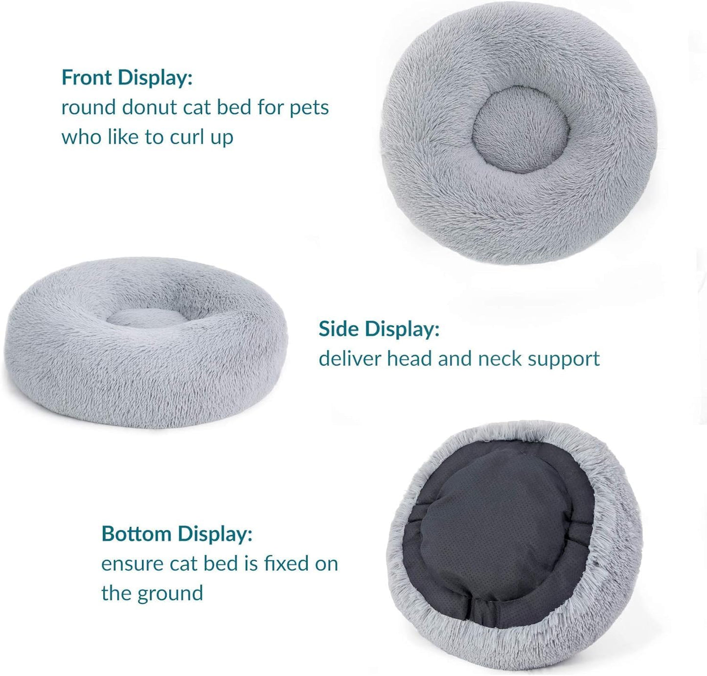 Bedsure Dog Bed Donut Bed - Washable Cat Beds for Indoor Cats Large, Fluffy Calming Kitten Bed for Small Dog and Puppy, Grey, 50x50x16cm - Comfort Style