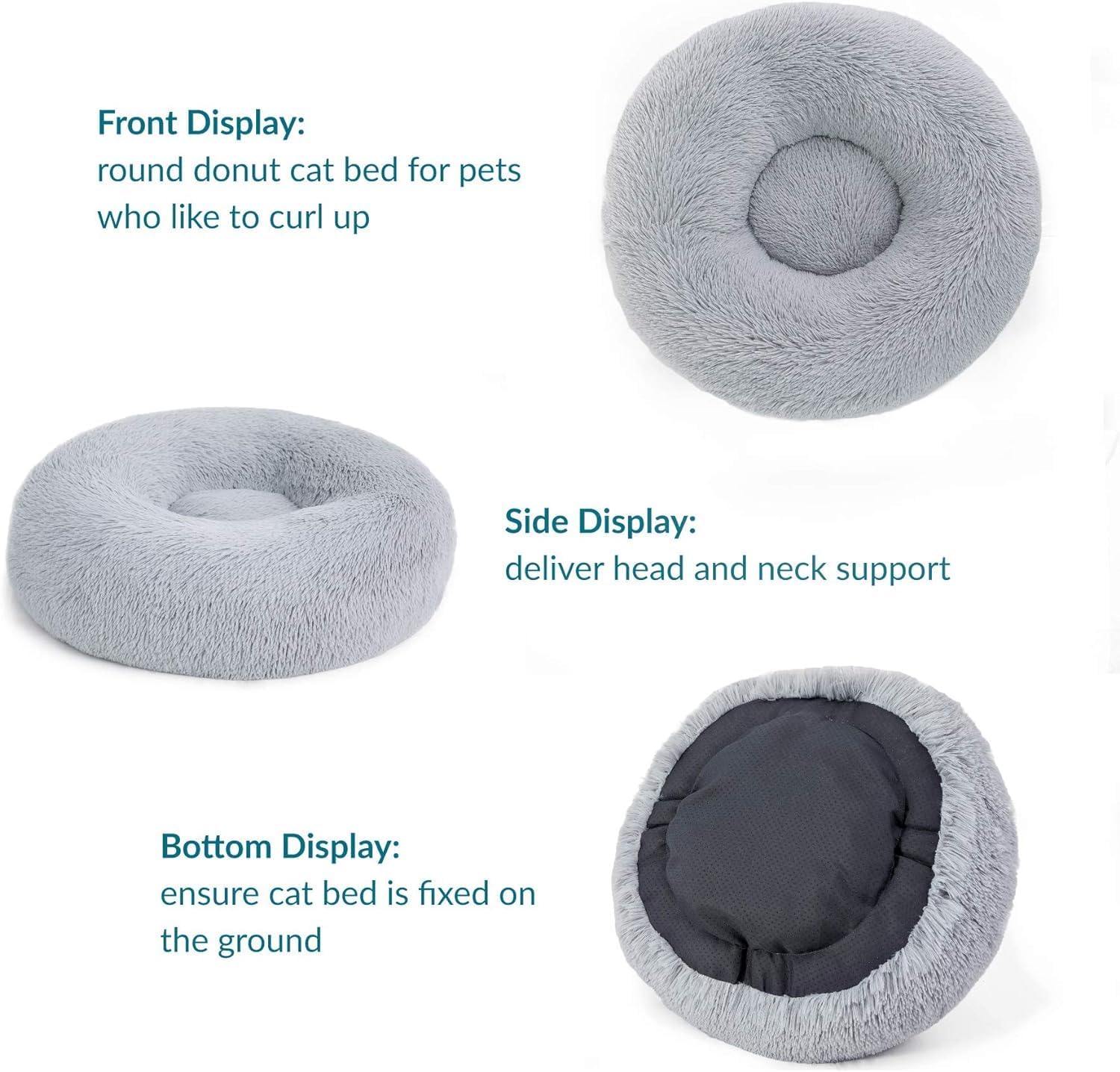 Bedsure Dog Bed Donut Bed - Washable Cat Beds for Indoor Cats Large, Fluffy Calming Kitten Bed for Small Dog and Puppy, Grey, 50x50x16cm - Comfort Style