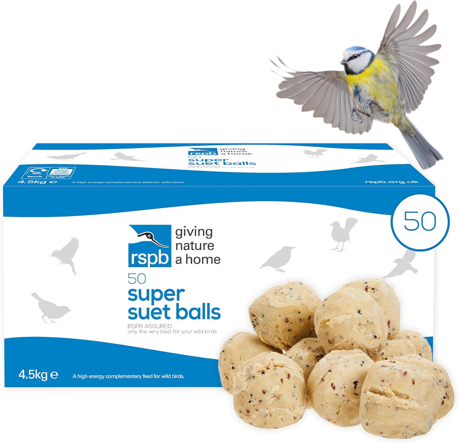 Fat Balls for Wild Birds, High Energy Food, Suet Balls for Wild Birds, Made in the UK, Suitable for Year-round Feeding (Box of 50) - RSPB - Comfort Style