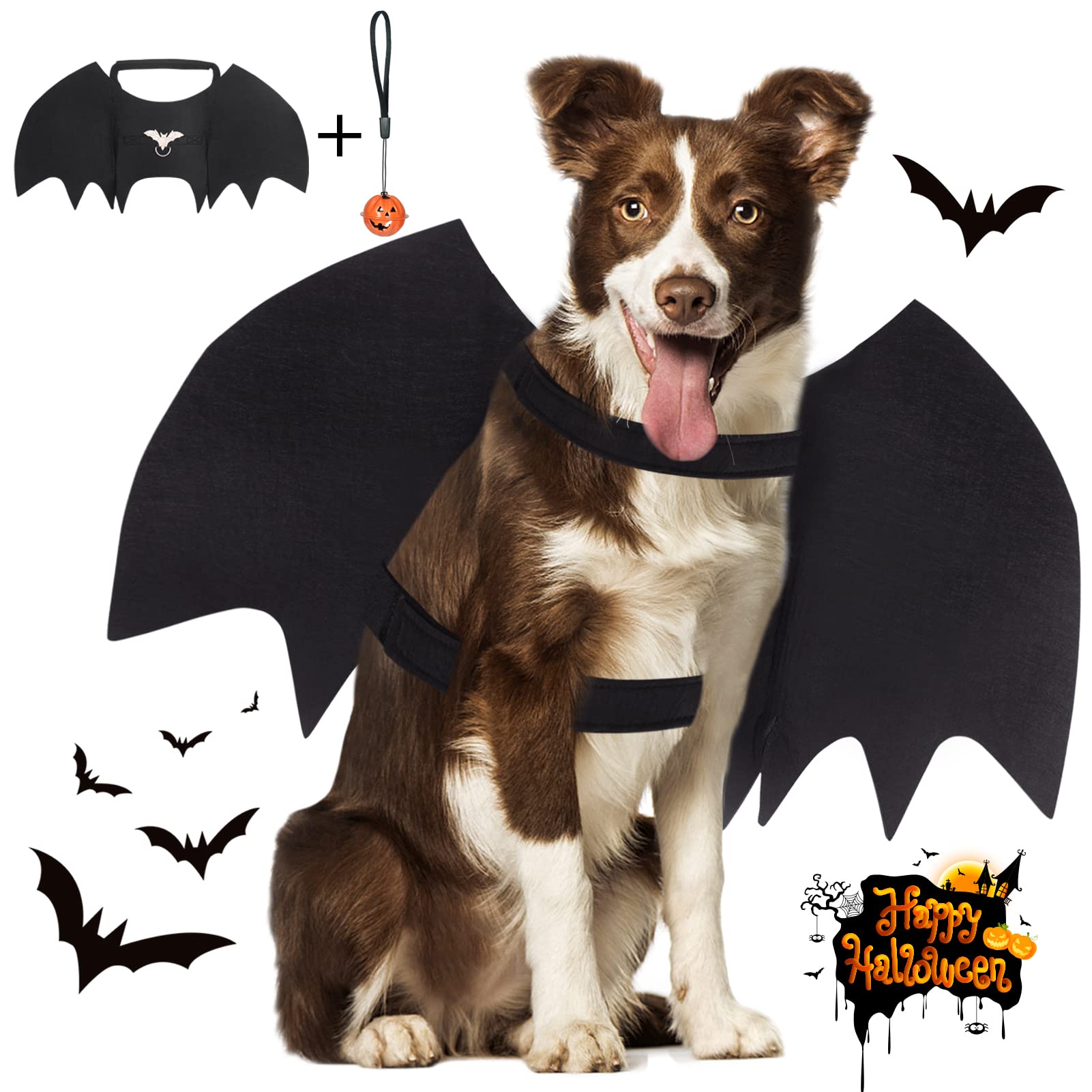 Vivifying Dog Bat Wings, Dog Halloween Costumes for Medium Dogs with Pumpkin Bell, Adjustable Pet Cosplay Costumes(Neck：12.6-20.5 in/Chest：13.5-24.4 in)