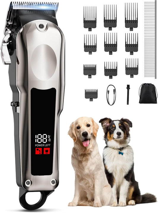 Kriogor Professional Dog Clippers for Thick Coats, Low Noise Grooming Clipper Pet Clippers for Dogs, Cordless Dog Timmers with 10 Guide Combs for Pets, Cat, Dogs Shears