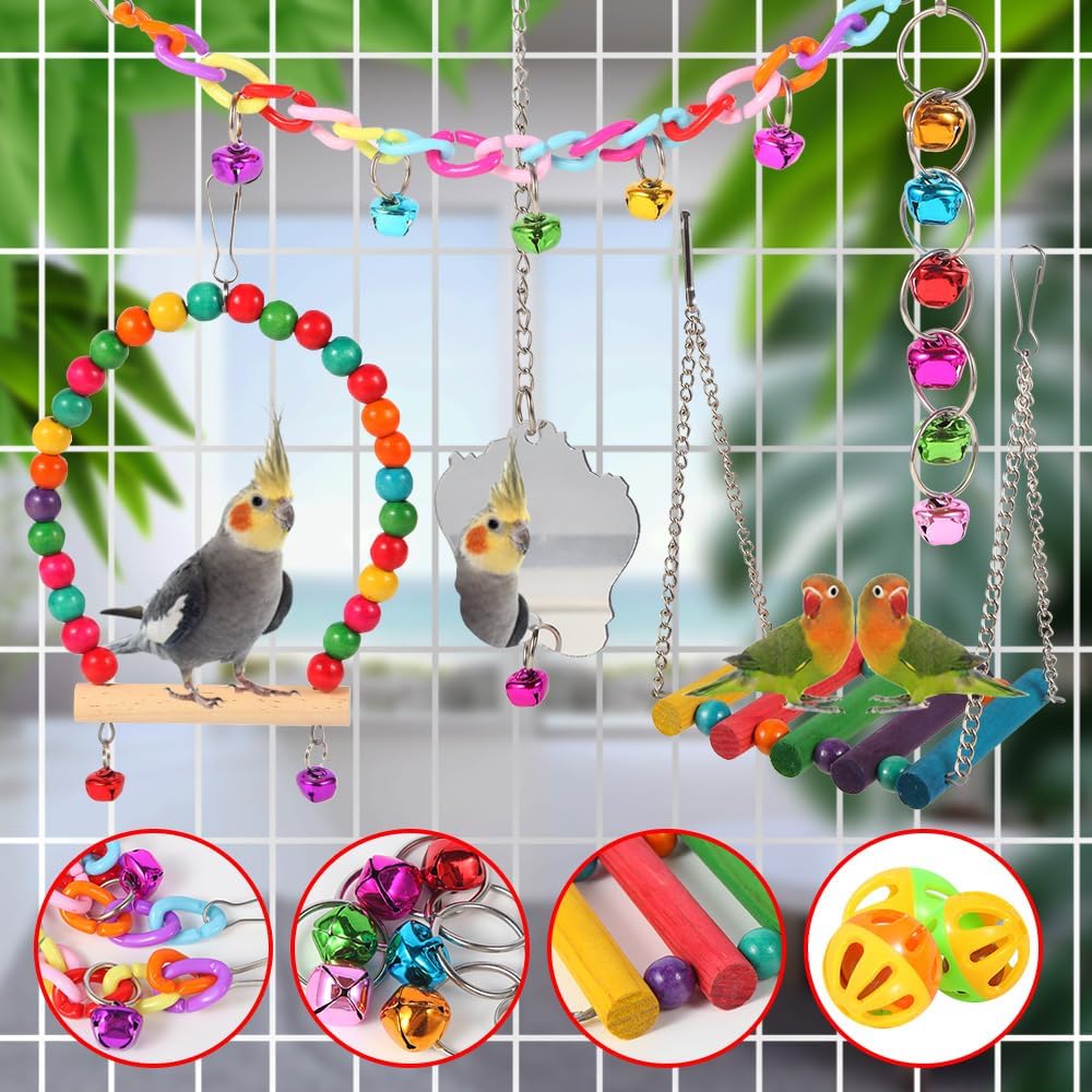 Bird Toys for Parakeets 9Pcs,Bird Wooden Ladder Bridge Parrots Toys Budgie Toys Bird Cage Accessories,Swing Hammock for Conure,Cockatiel,Love Birds, Finches, Mynah,Budgerigar - Comfort Style