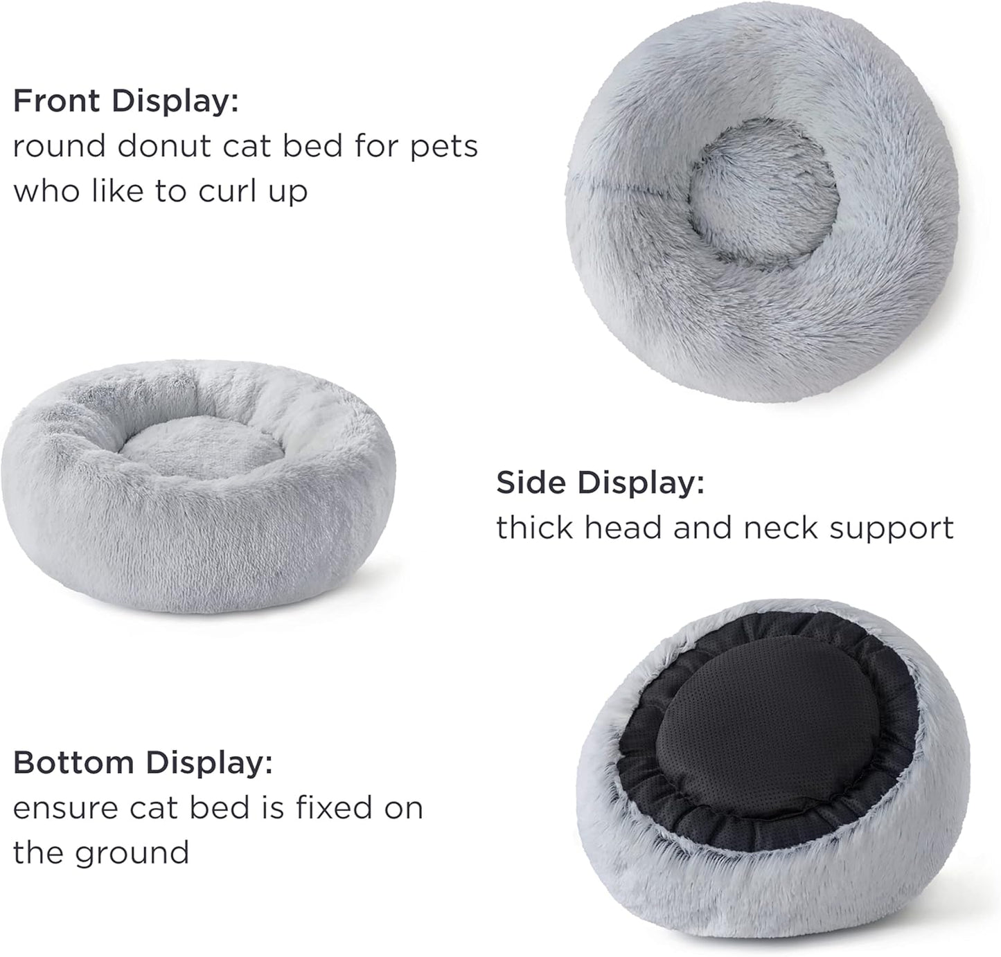 Bedsure Dog Bed Donut Bed - Washable Cat Beds for Indoor Cats Large, Fluffy Calming Kitten Bed for Small Dog and Puppy, Grey, 50x50x16cm - Comfort Style