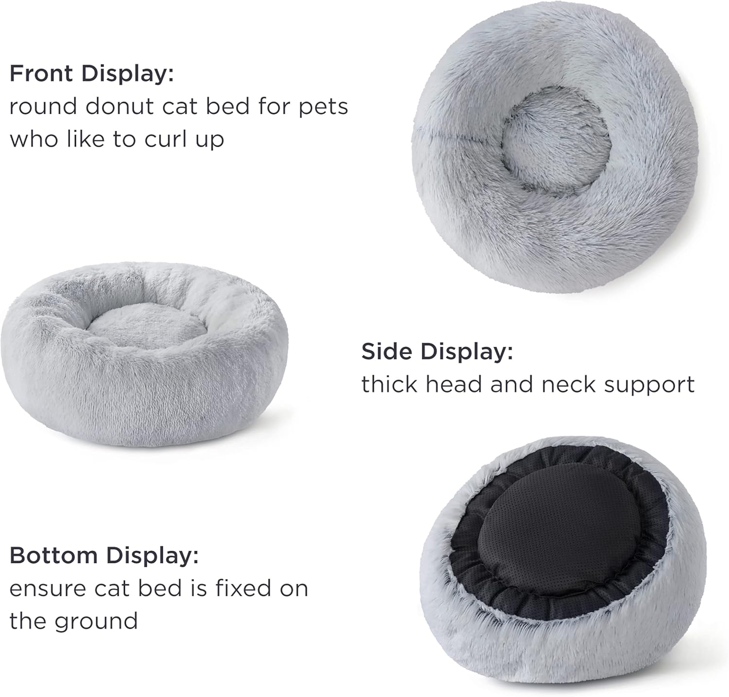Bedsure Dog Bed Donut Bed - Washable Cat Beds for Indoor Cats Large, Fluffy Calming Kitten Bed for Small Dog and Puppy, Grey, 50x50x16cm - Comfort Style