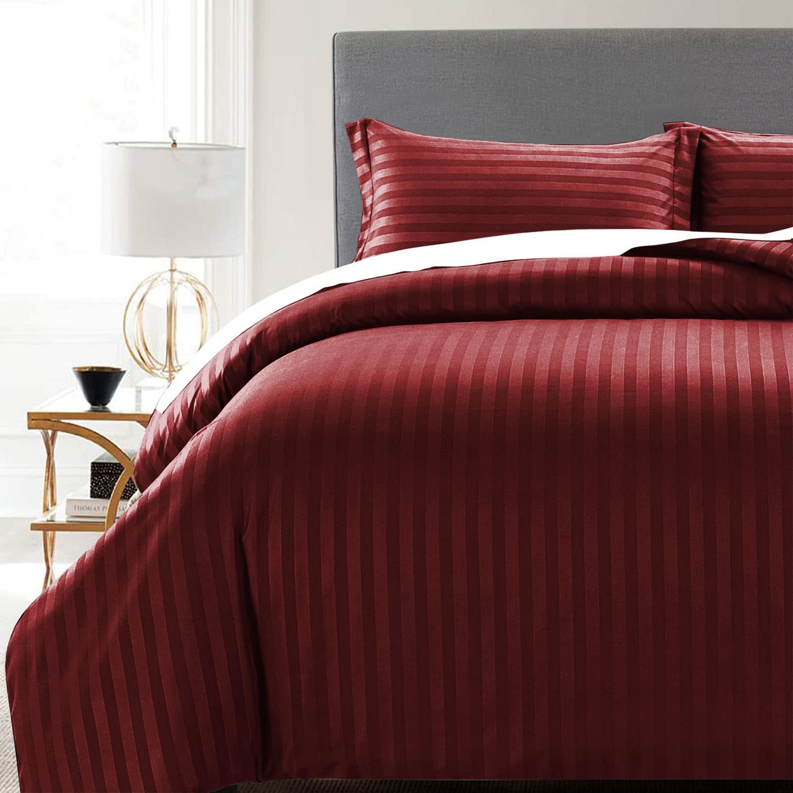 MOONLIGHT20015 Duvet Set Reversible Stripes Satin Double Bedding Set with 2 Pillowcases Soft Hypoallergenic Duvet Cover - Comfort Style