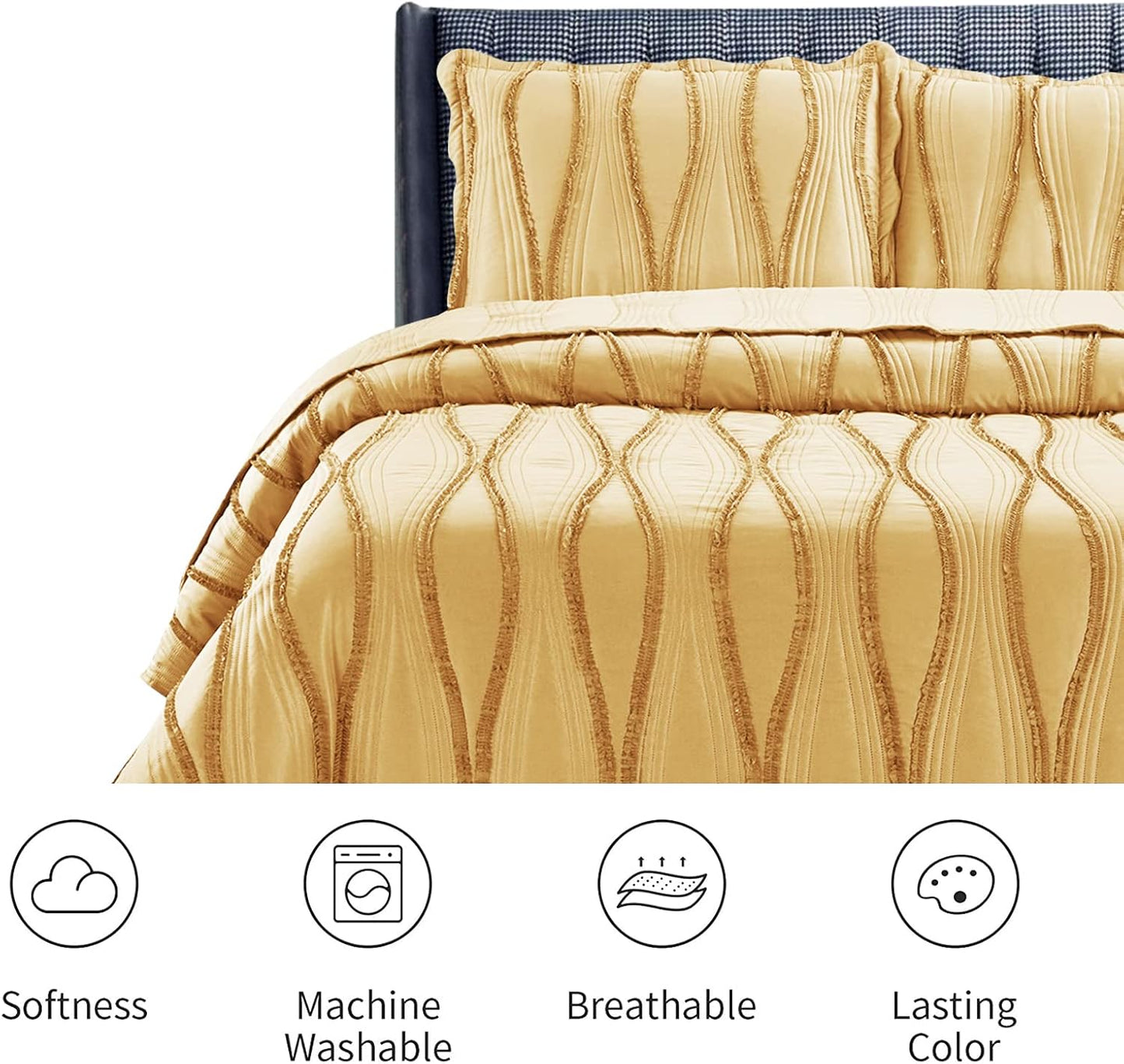 PHP Beautiful Quilted Bedspread Throw Embossed Frilled Pattern Quilt Coverlets Bedspreads Throw Bedding for All Season Comforter Set - Mustard - Single