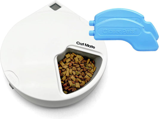 Cat Mate C500 Automatic 5 Bowl Pet Feeder with Digital Timer For Wet or Dry Pet Food, For Cats and Small Dogs, 5 Meals Up To 330g Each, with Twin Ice Packs for Food Freshness , White - Comfort Style