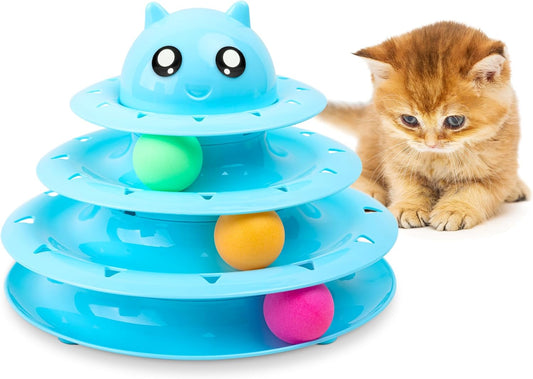 FurDreams Cat Roller Ball Toy Interactive - Blue, 3 Tier Tower Fun Cat Ball Track Toy, 3 Level Pet Teaser Toy for Interactive Play, Kitten Fun Puzzle Toy for Exercise & Stimulation