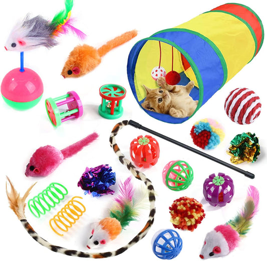 20 Pcs Cat Toys for Indoor Kitten, Collapsible Tunnel, Interactive Feather Wand Ball Spring Mice Toy for Puppy Kitty - Comfort Style