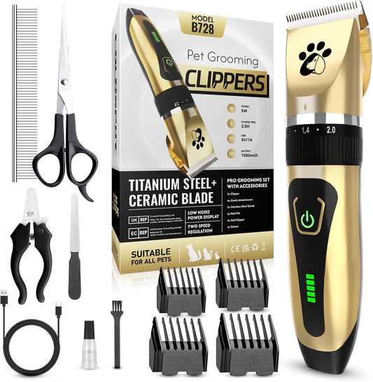 Dog Clippers Cordless, Professional Dog Trimmer, 2-Speed Low Noise Dog Grooming Kit, Pet Trimmer for Small Large Thick Hair Dogs - Comfort Style