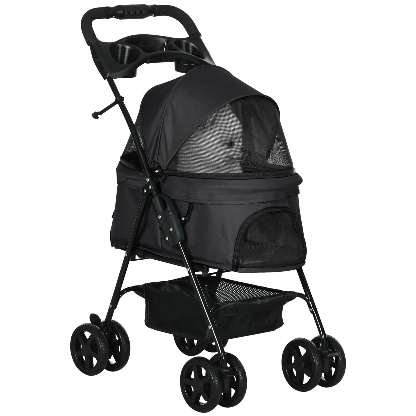 PawHut Dog Pram Dog Stroller Foldable Pet Pushchair with 4 Wheels, Safety Leashes, Cup Holder for Small Dogs, Grey