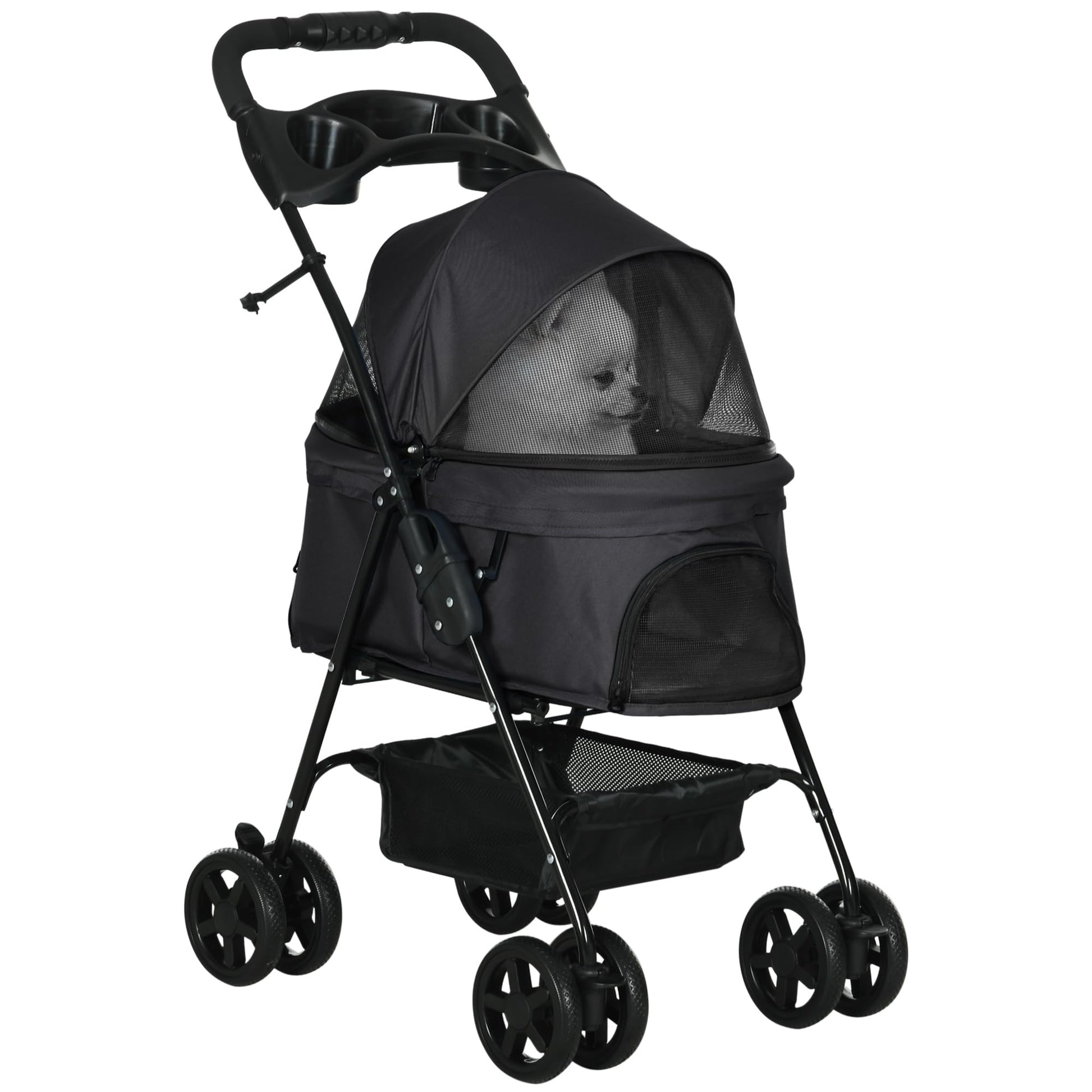 PawHut Dog Pram Dog Stroller Foldable Pet Pushchair with 4 Wheels, Safety Leashes, Cup Holder for Small Dogs, Grey