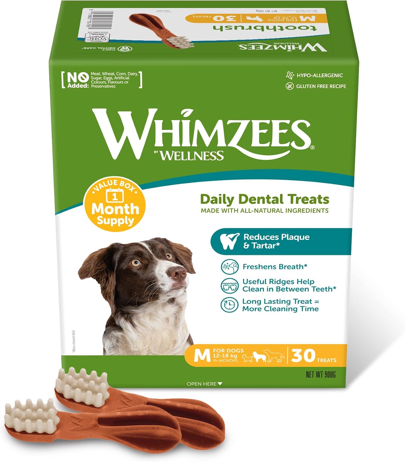 WHIMZEES By Wellness Toothbrush, Month Box, Natural and Grain-Free Dog Chews, Dog Dental Sticks for Small Breeds, 30 Pieces (One Month Supply), Size S - Comfort Style