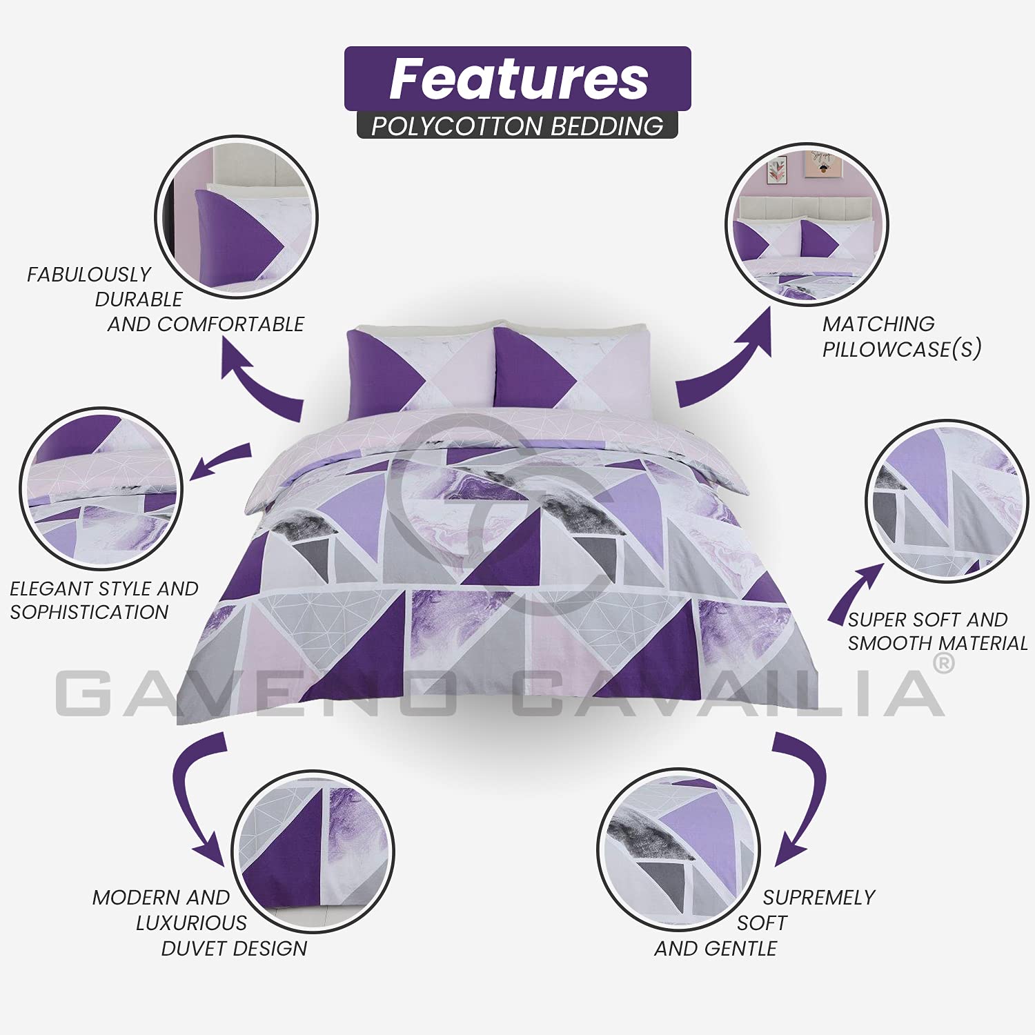 GC GAVENO CAVAILIA Metalic Marble Duvet Cover Sets, Reversible Triangle Bedding Double Bed Set, Washable Quilt Covers - Comfort Style