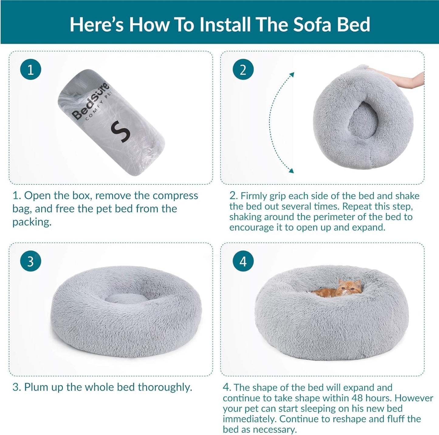 Bedsure Dog Bed Donut Bed - Washable Cat Beds for Indoor Cats Large, Fluffy Calming Kitten Bed for Small Dog and Puppy, Grey, 50x50x16cm - Comfort Style