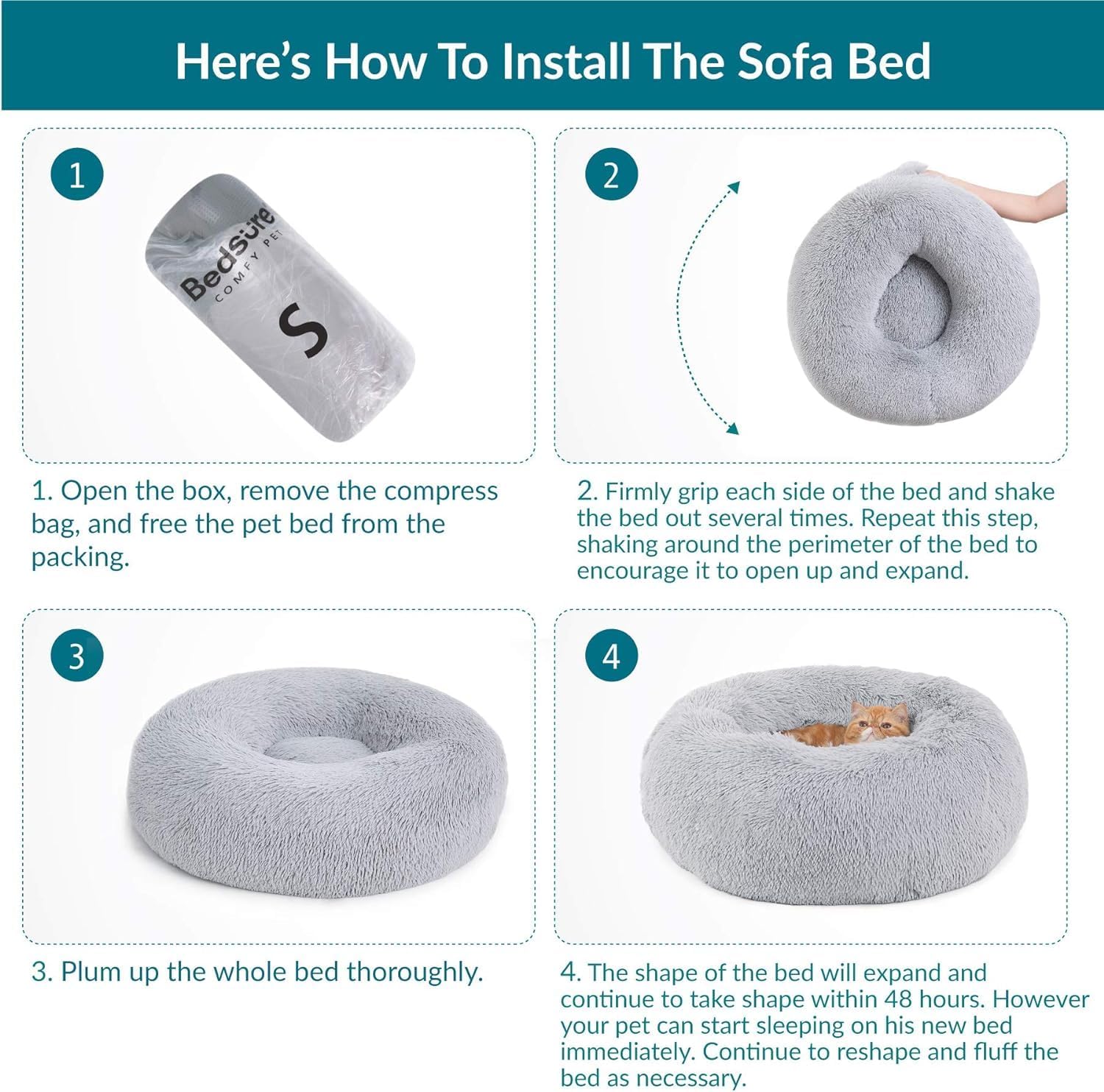 Bedsure Dog Bed Donut Bed - Washable Cat Beds for Indoor Cats Large, Fluffy Calming Kitten Bed for Small Dog and Puppy, Grey, 50x50x16cm - Comfort Style
