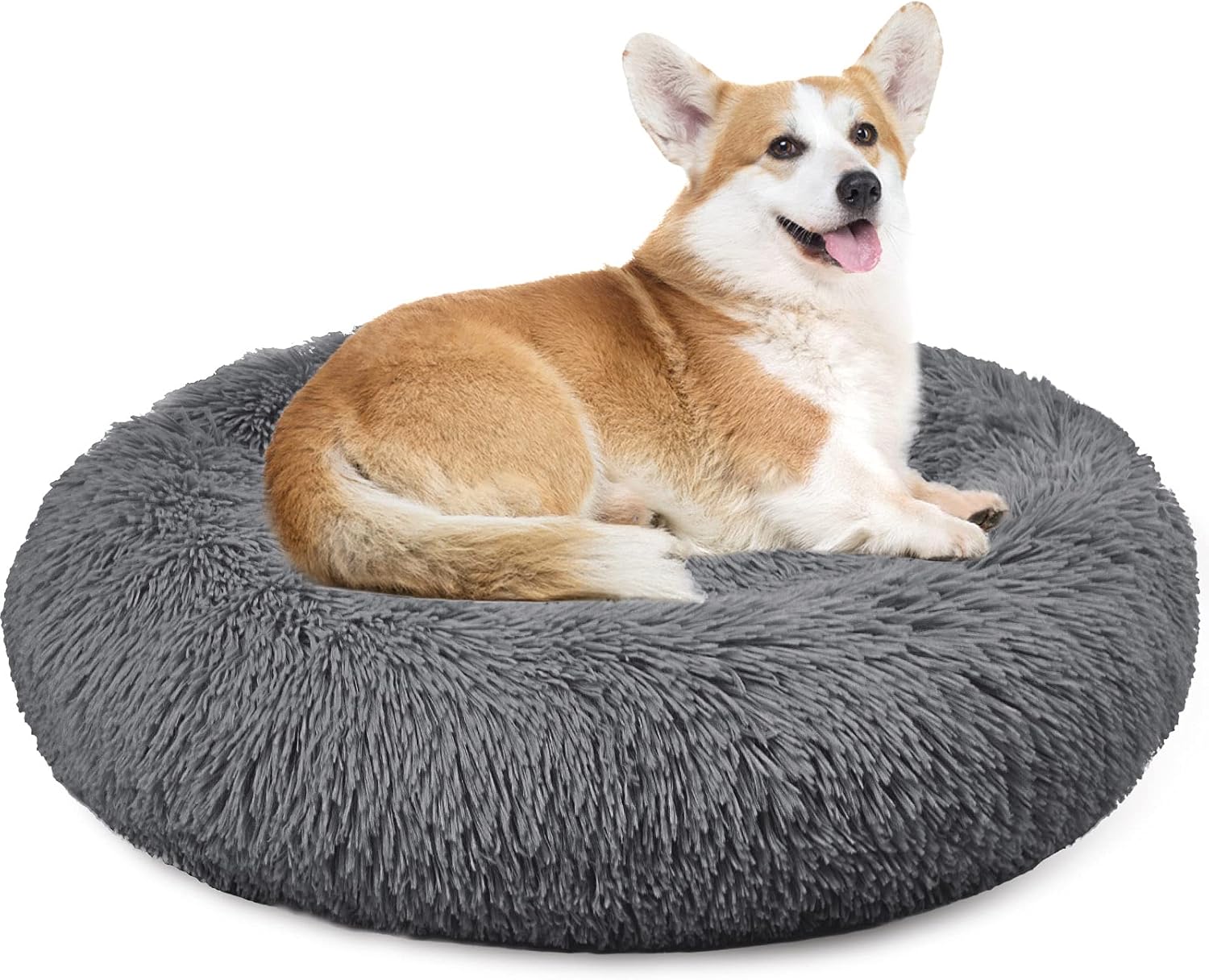 Enjamoy Plush Donut Dog Bed, Calming Round Dog Cat Bed Soft and Fluffy Cuddler Pet Cushion Self-Warming Puppy Beds Machine Washable, Grey 50cm - Comfort Style
