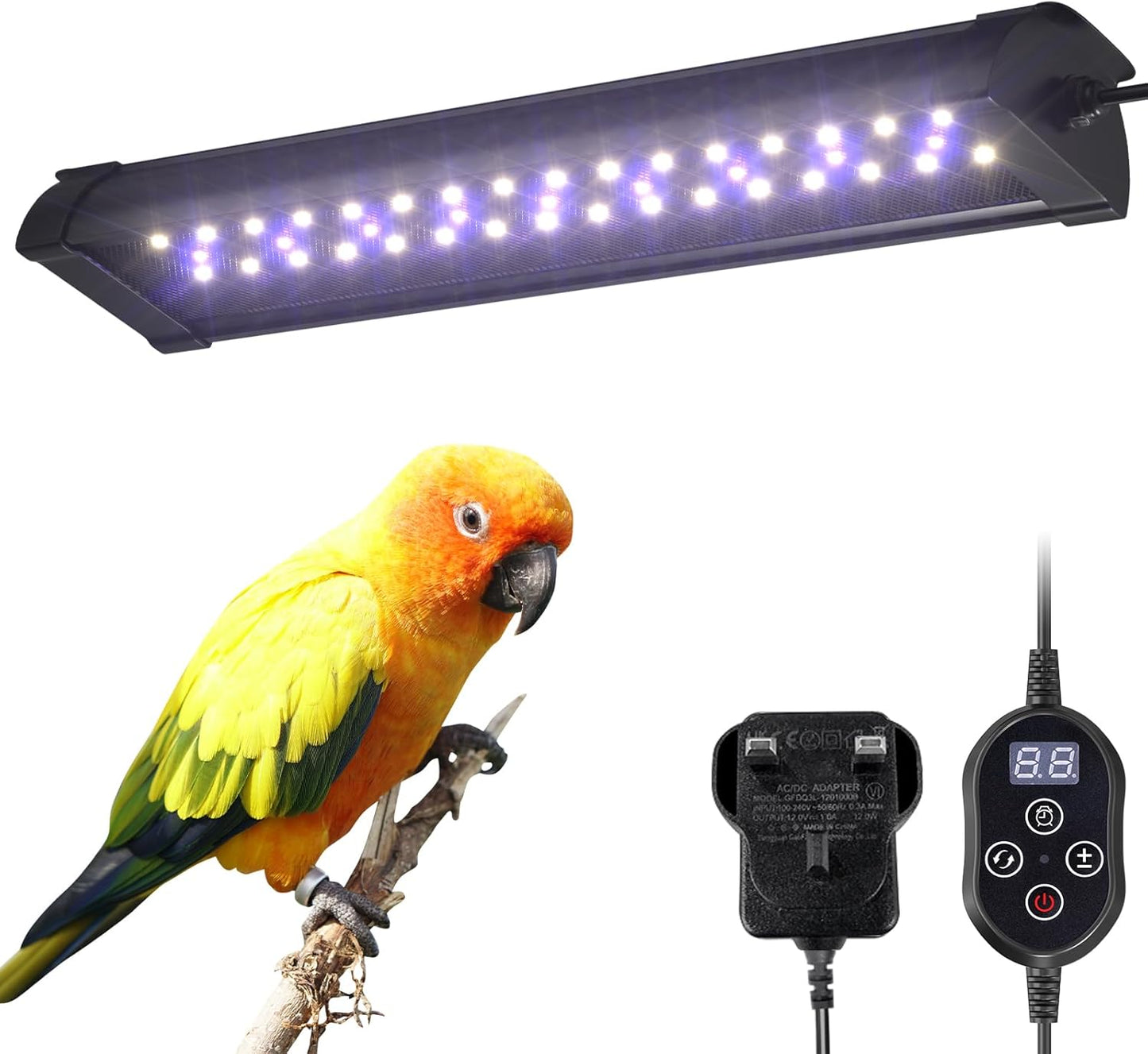 UVB 2.4 Bird Lamp,Full Spectrum Light for Birds,Dimmable LED Bird Light Fixture with Chew-Proof Cord, UK Plug and Controller, Bird Cage Accessories for Captive Birds Parrots