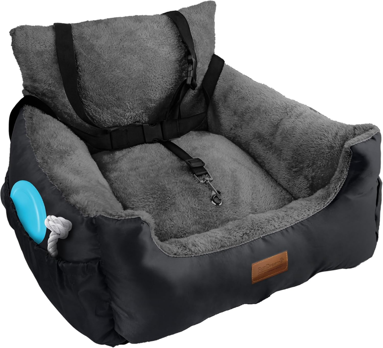 Furdreams Dog Car Seat (Black/Grey), Plush & Cosy Pet Car Booster Seat for Small Dogs & Cats with Storage Pocket, Dogs Bed with Safety Leash, Waterproof Liner & Non-Slip Base, Dog Travel Bed