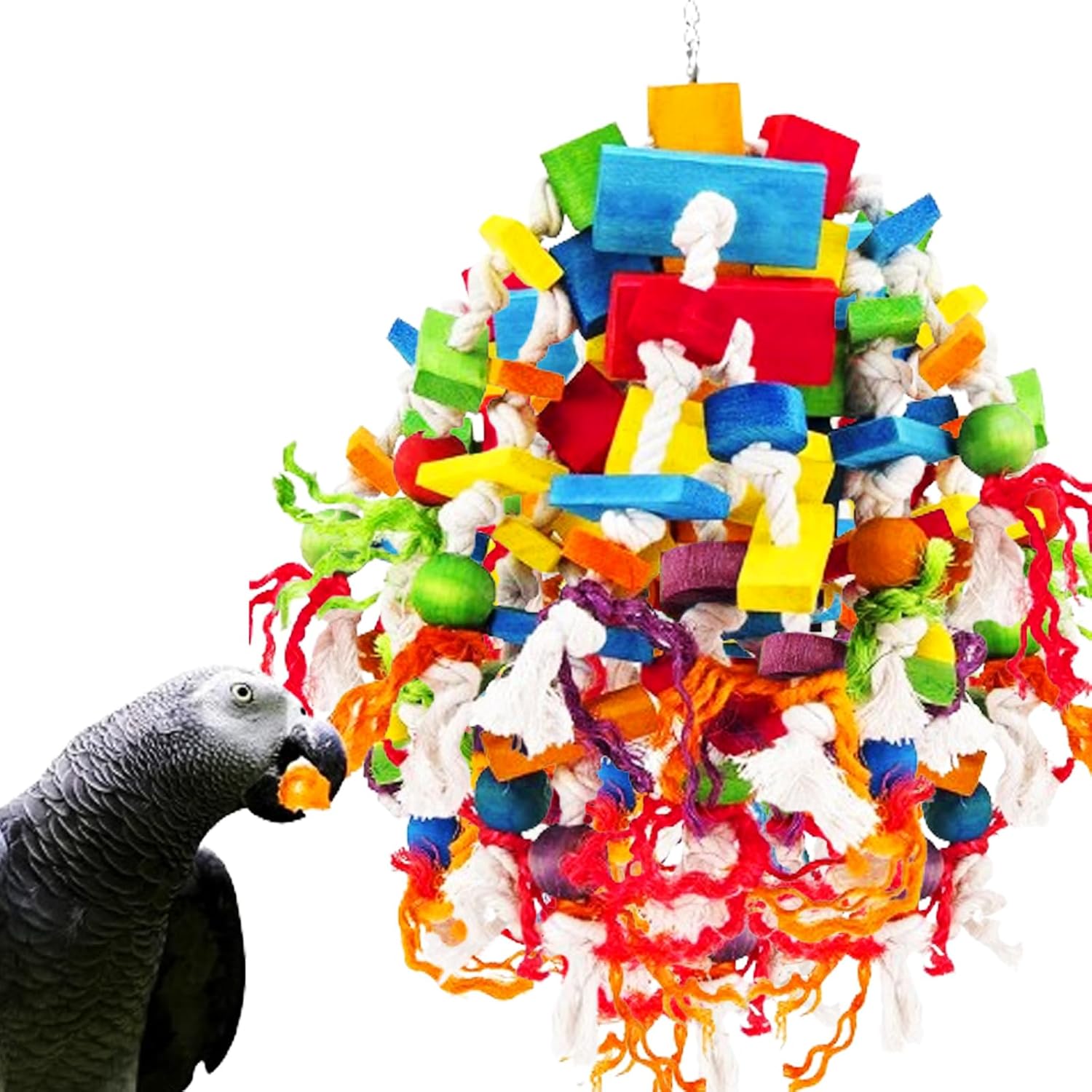Parrot Chewing Toy With Wooden Blocks - Hanging Swing For Conures, Cockatiels & African Greys
