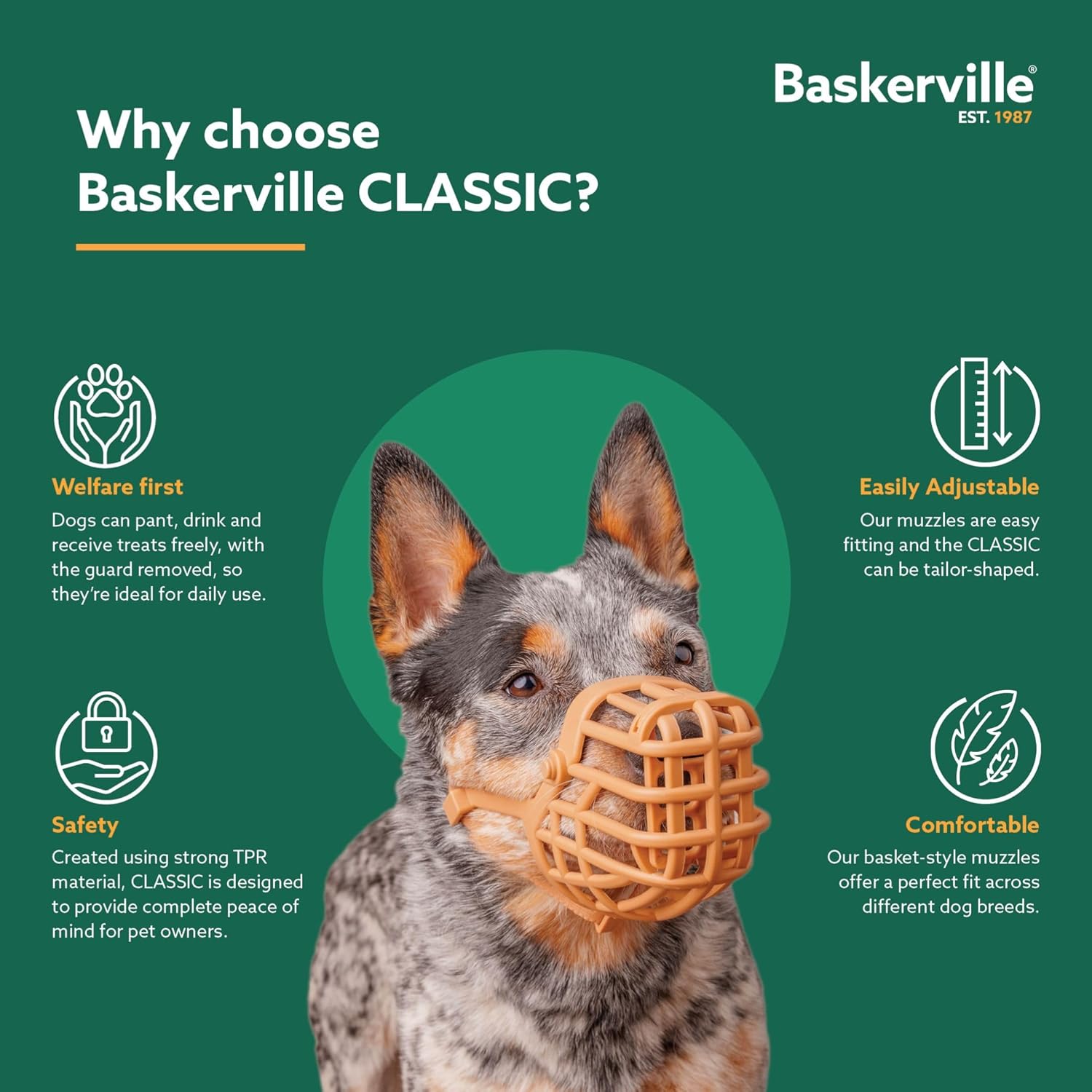 Baskerville Classic Basket Muzzle - Dog can Pant and Drink, Prevents Biting and Food Waste Scavenging, Strong TPR, Ideal for Longer Nosed Dogs, Breathable Dog Training Muzzle for Medium Dogs (Size 6)