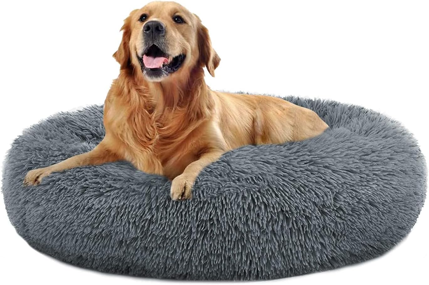 MFOX Calming Dog Bed Cat Bed Donut, Faux Fur Donut Cuddler Washable Self-Warming Pet Bed, Large Round Plush Dog Bed for Small/Medium/Large Dogs(60cm/80cm/90cm/110cm) - Comfort Style