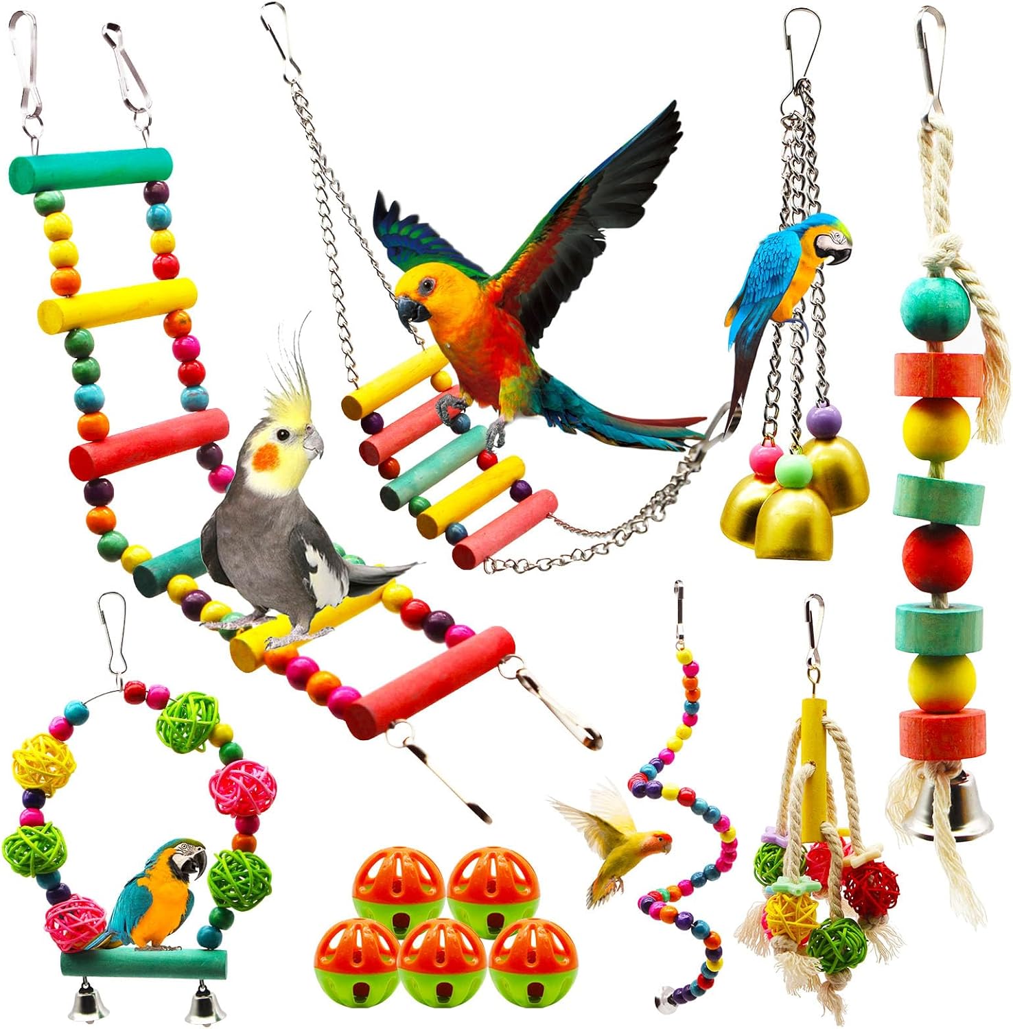 MQUPIN Bird Parrot Toys 12 Pack,Budgie Toys Parrots Cage Toys Hanging Swing Climbing Shredding Perches Toys Ladders Sepak Takraw Parrot Bite Toy Cockatiel Toys for Parakeet Budgerigar - Comfort Style
