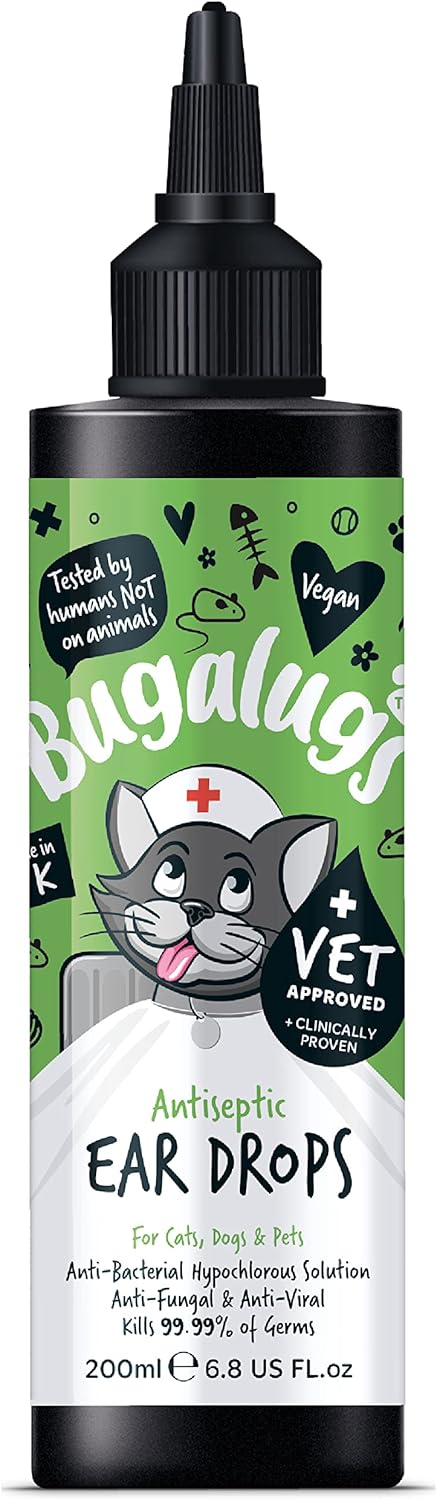 BUGALUGS Dog Ear Drops treatment provides relief for yeast infection, itching and odours - first aid antiseptic ear drops for dogs is an antibacterial dog ear cleaner for puppy, cats and dogs 200ml - Comfort Style