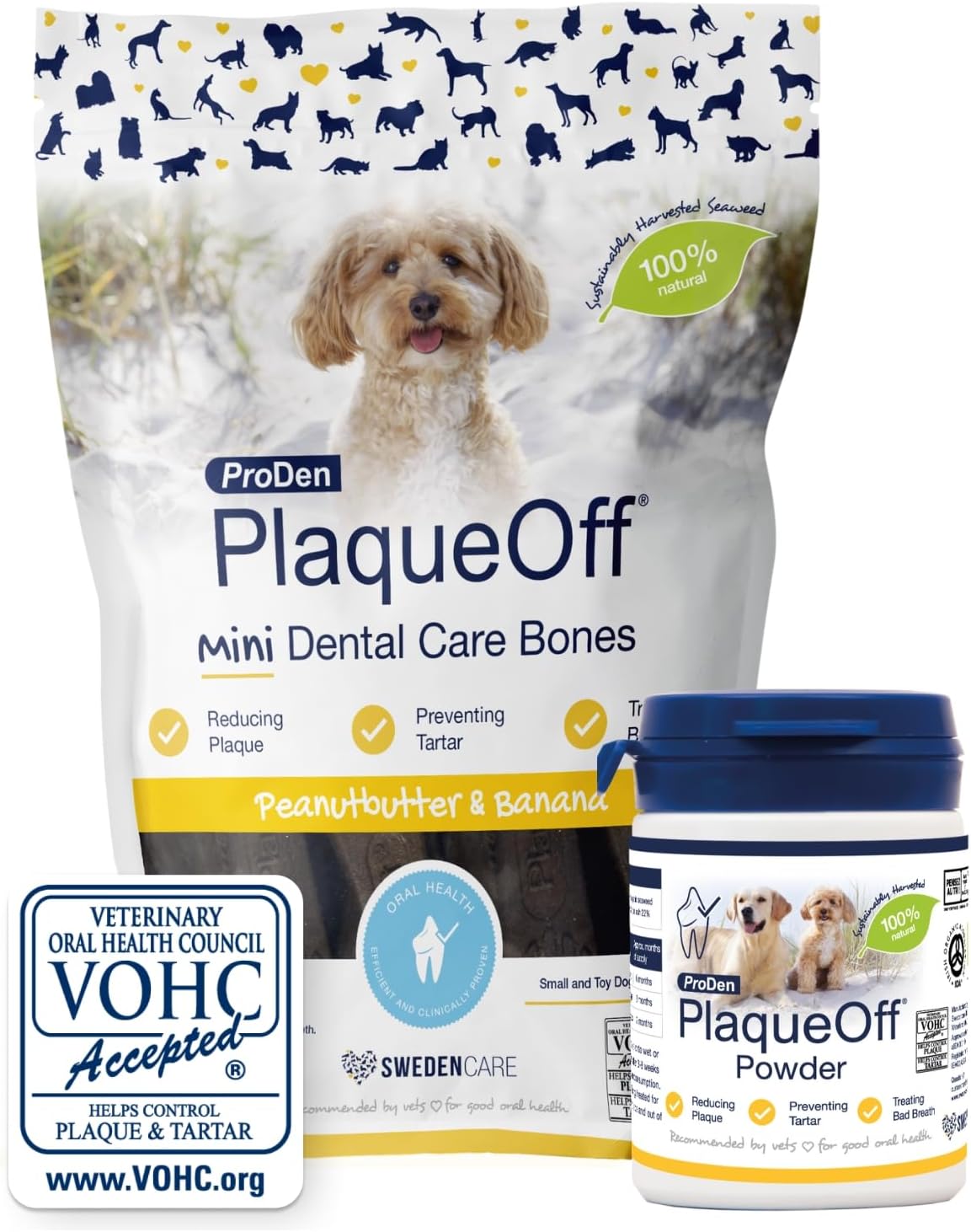 ProDen PlaqueOff 100% Natural Tartar & Bad Breath Remover for Dogs 420g Dental Powder with 20 Mini Bones - Bundle for Healthy Teeth & Fresh Breath - Comfort Style