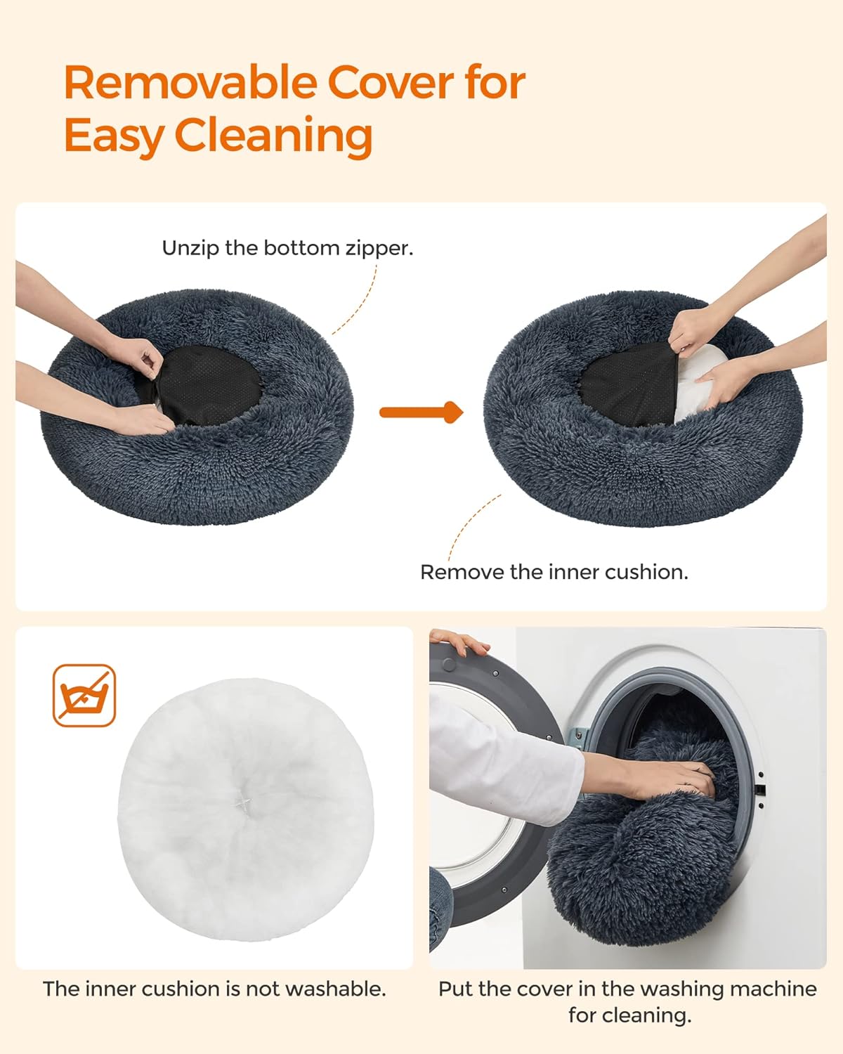 Feandrea Dog Bed, Donut Cat Bed, Fluffy Calming Pet Bed with Removable, Washable Cover, Soft Long Plush, 50 cm, Grey - Comfort Style