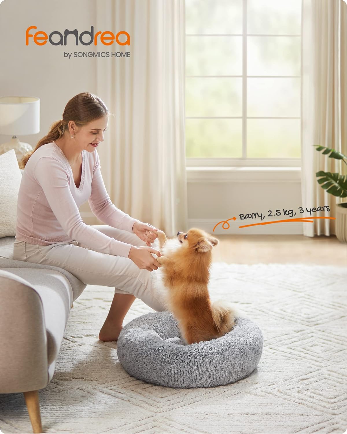 Feandrea Dog Bed, Donut Cat Bed, Fluffy Calming Pet Bed with Removable, Washable Cover, Soft Long Plush, 50 cm, Grey - Comfort Style