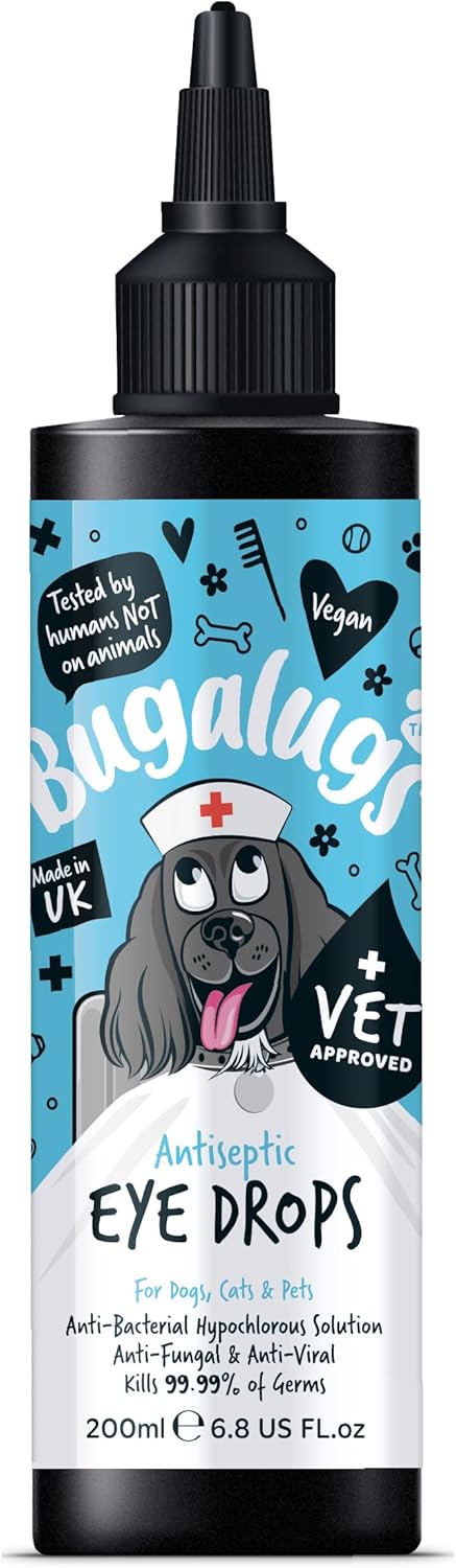 BUGALUGS Dog Eye Drops 200ml, Antiseptic eye drops for dogs, puppy, cats & animals. Antibacterial helps dry, itchy, irritated, gunky & tear stain eyes. Eye Wash Cleaner