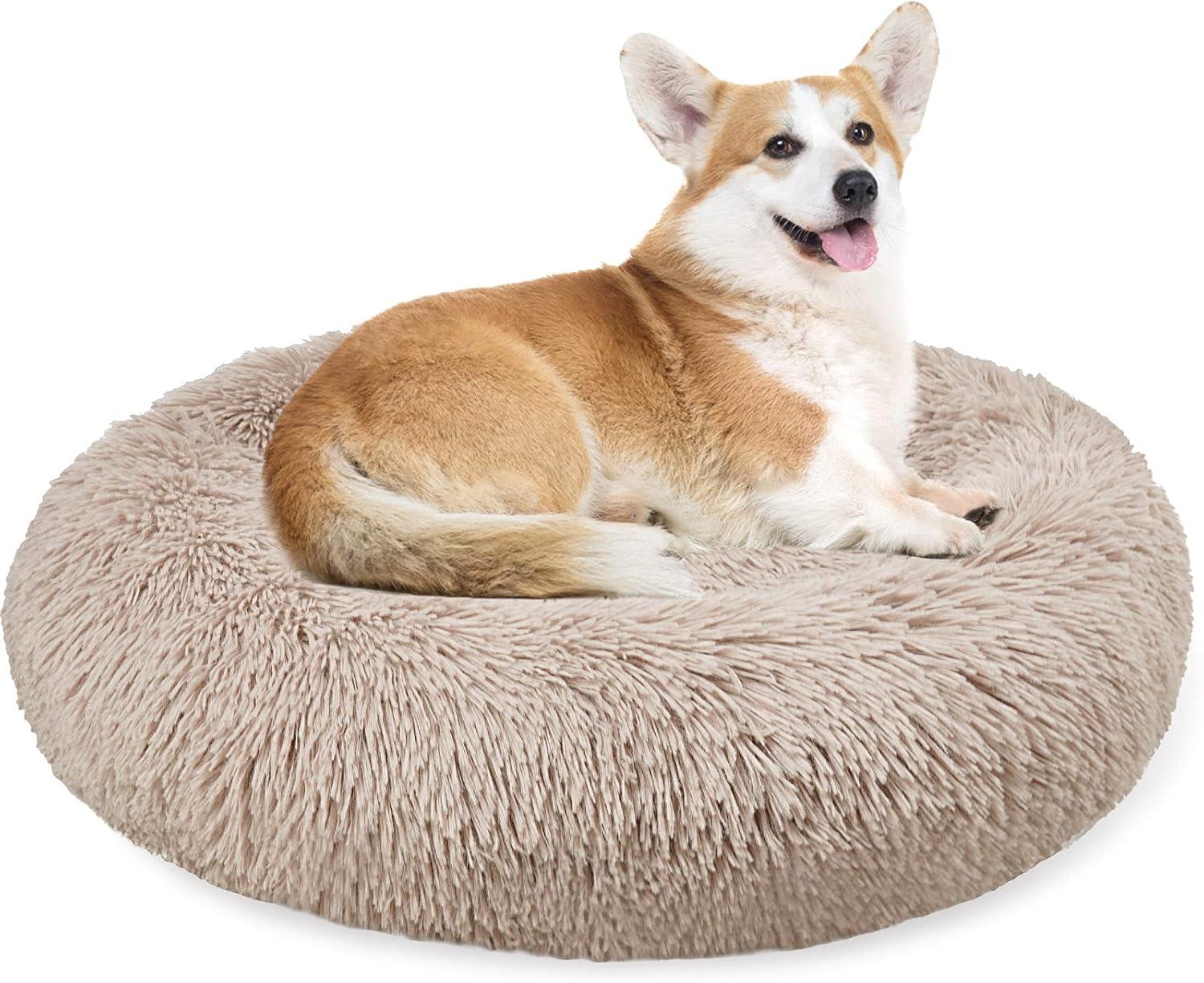 Enjamoy Plush Donut Dog Bed, Calming Round Dog Cat Bed Soft and Fluffy Cuddler Pet Cushion Self-Warming Puppy Beds Machine Washable, Grey 50cm - Comfort Style